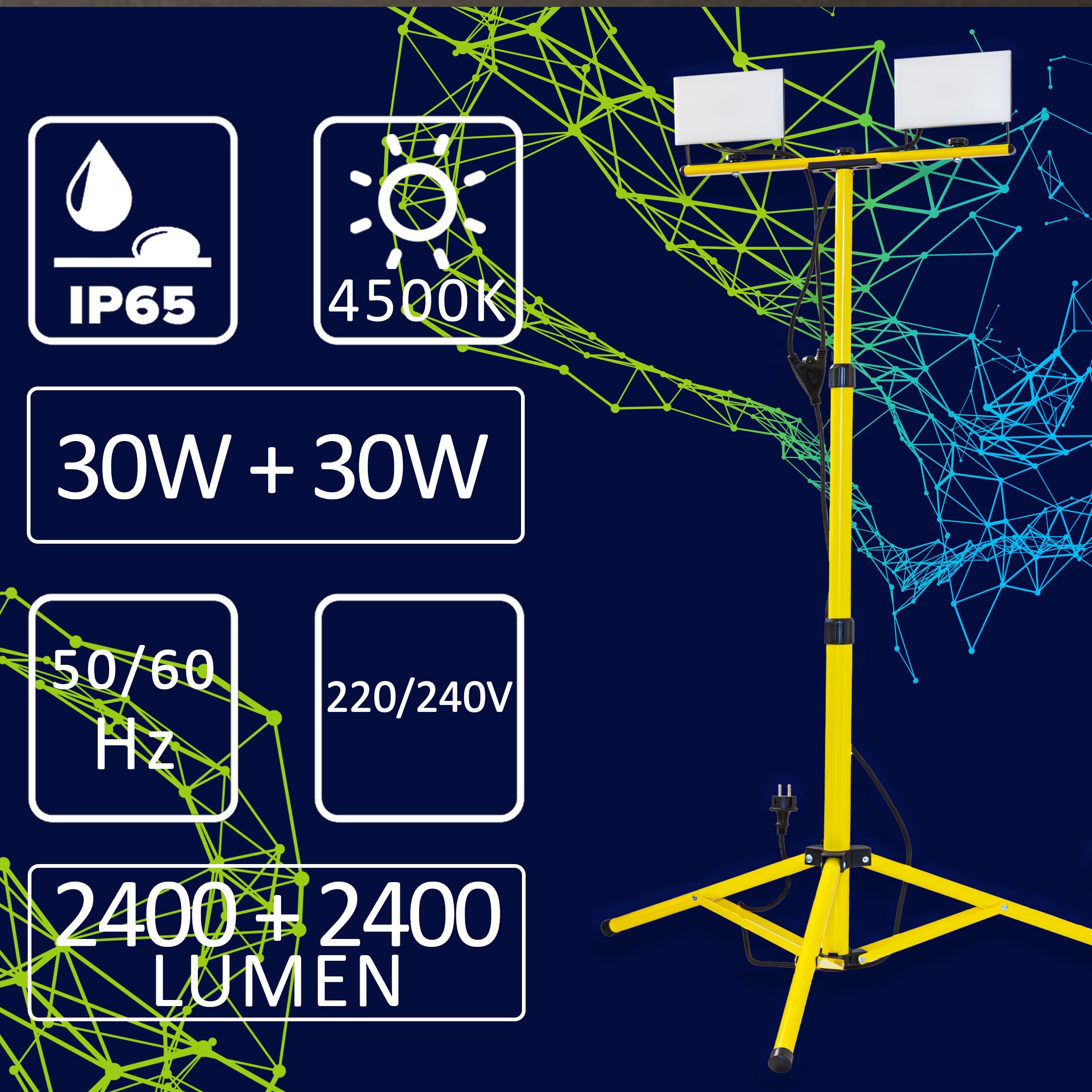 Faretto LED da Cantiere su Treppiede Telescopico - 60Watt, 4800 Lumen, luce bianca 4000K, Impermeabile IP65, Antirottura IK08 - Faretto LED da Esterno, Proiettore da Esterno per Cantiere