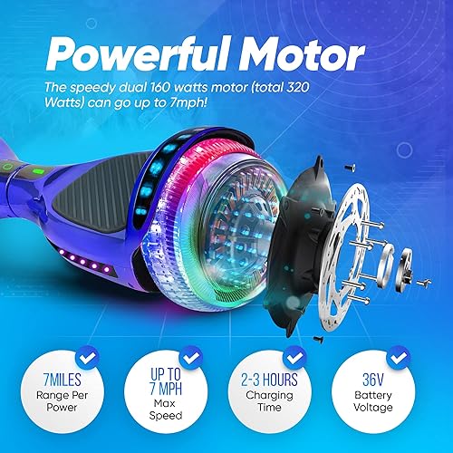 Miniatura 5 de Aeropatineta de 6.5 pulgadas para niños de 6 a 12 años, aeropatineta Bluetooth con ruedas estilo túnel y almohadillas antideslizantes, certificado