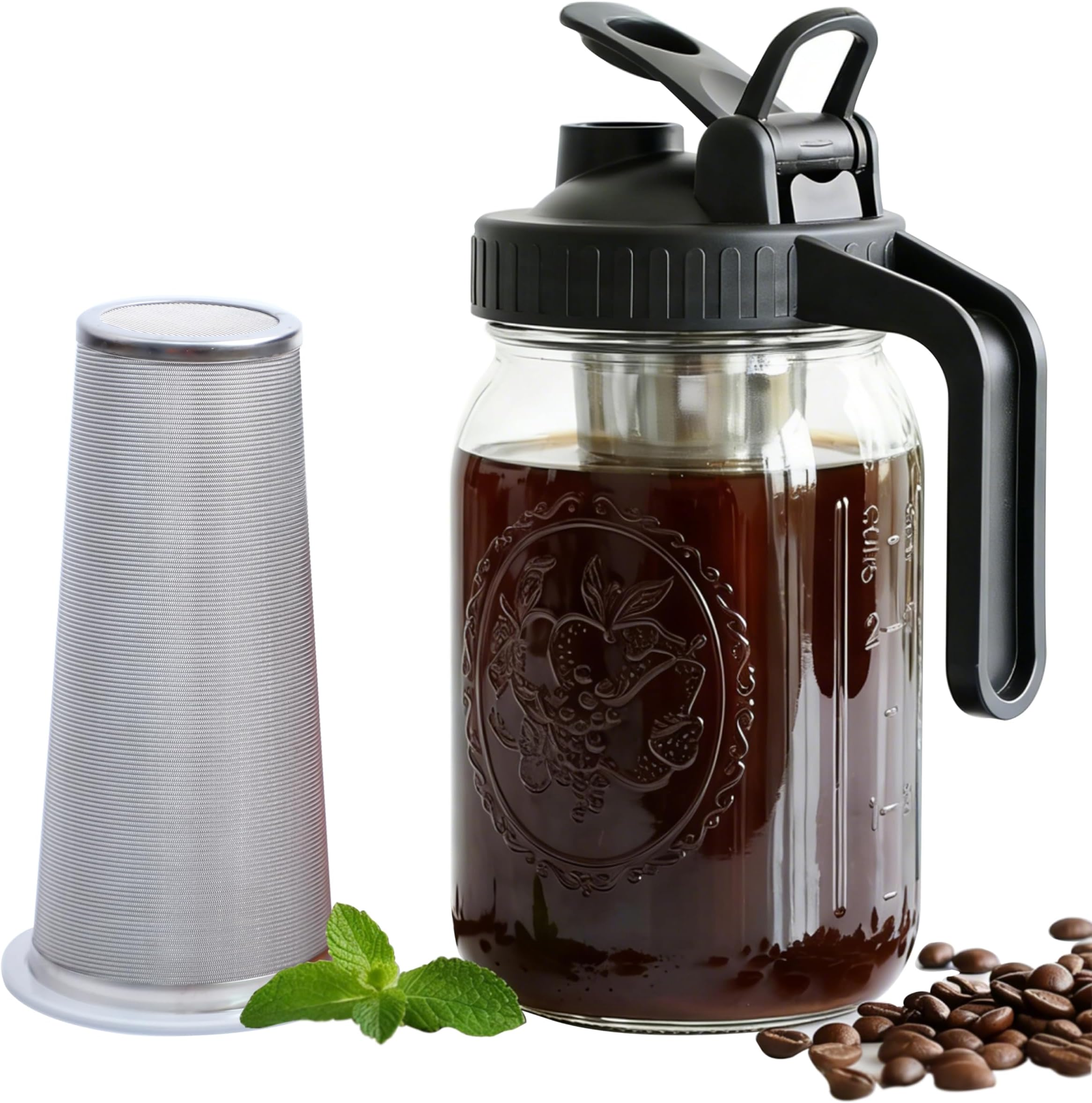 Cold Brew Coffee Maker 32 Oz Wide Mouth Mason Jar Pitcher With stainless steel Filter 1 Quart Airtight & Leak-Proof cold brew pitcher with pour spout lid and handle For iced Coffee Tea and lemonade