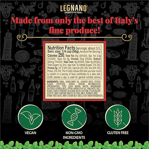 Miniatura 2 de Legnano Green Pesto Alla Genovese  Auténtico pesto de albahaca italiano  Salsa de pesto vegana sin gluten  Hecho en Toscana  Tarro de 6.5 onzas