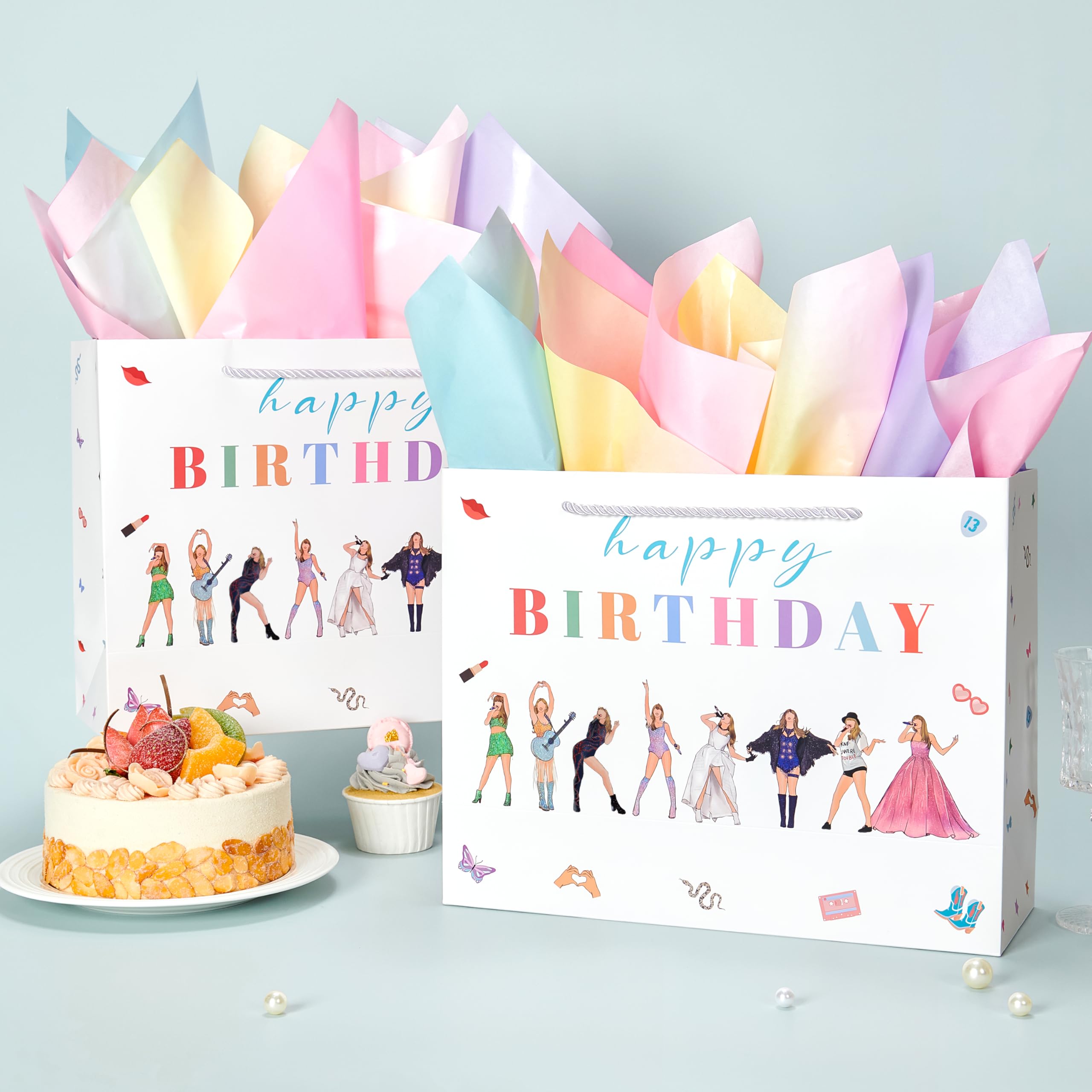 Crisky Large Happy Birthday Gift Bags for Women with Tissue Paper and Card, Music Lovers, Pop Singer Birthday Gift Bag with Handles for Party Decorations Supplies, 13"