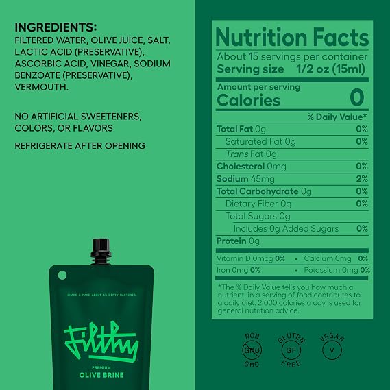 Filthy Olive Brine, Premium Cocktail Mixer - 8 Oz Pouch, 2 Pack