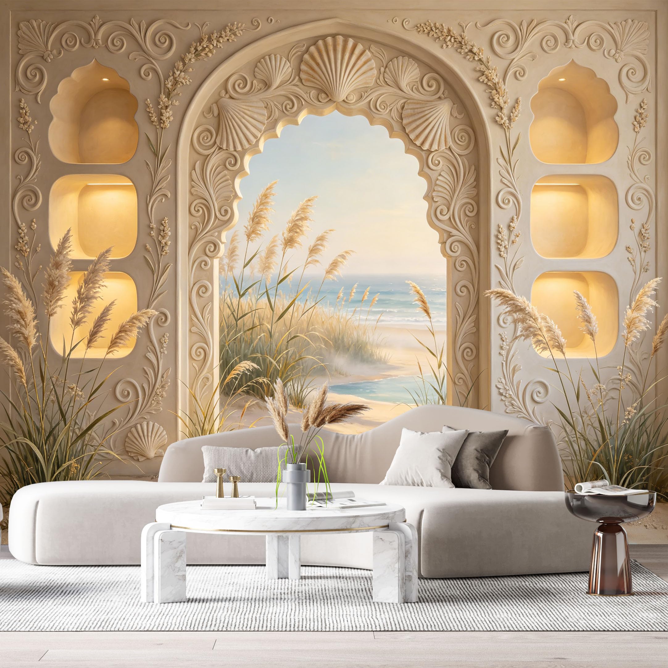 Custom Size Wall Murals Coastal Beach Archway Seashells Ocean Stream 3D Trompe L'Oeil SelfAdhesiveWall Fabric Removable Wallpaper Wall Decor for Living Room Bedroom Bathroom