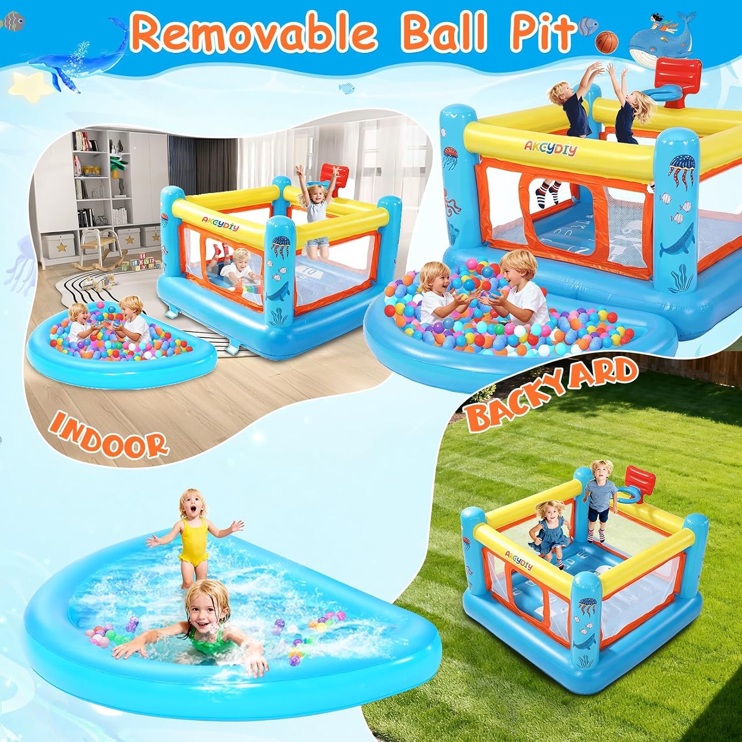 Castello saltante con piscina di palline per bambini da 3 a 6 anni, per interni ed esterni, piccolo centro giochi attivo, canestro da basket, cielo e inferno, castello saltante in PVC di alta qualità