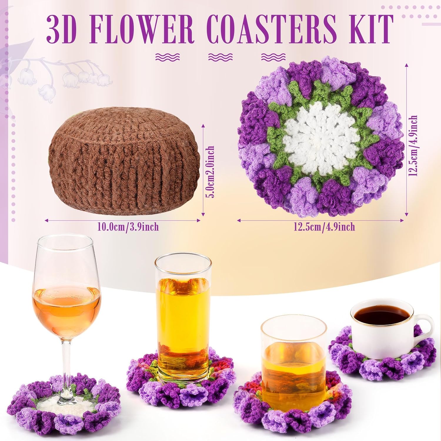 HunnmingRe 15 Pcs 3D Cute Crochet Flower Coasters Set, Spring Summer Floral Table Coasters with Plant Pot Holder, Soft Decorative Cup Mat, Housewarming Gift(Purple,Lily of The Valley​)