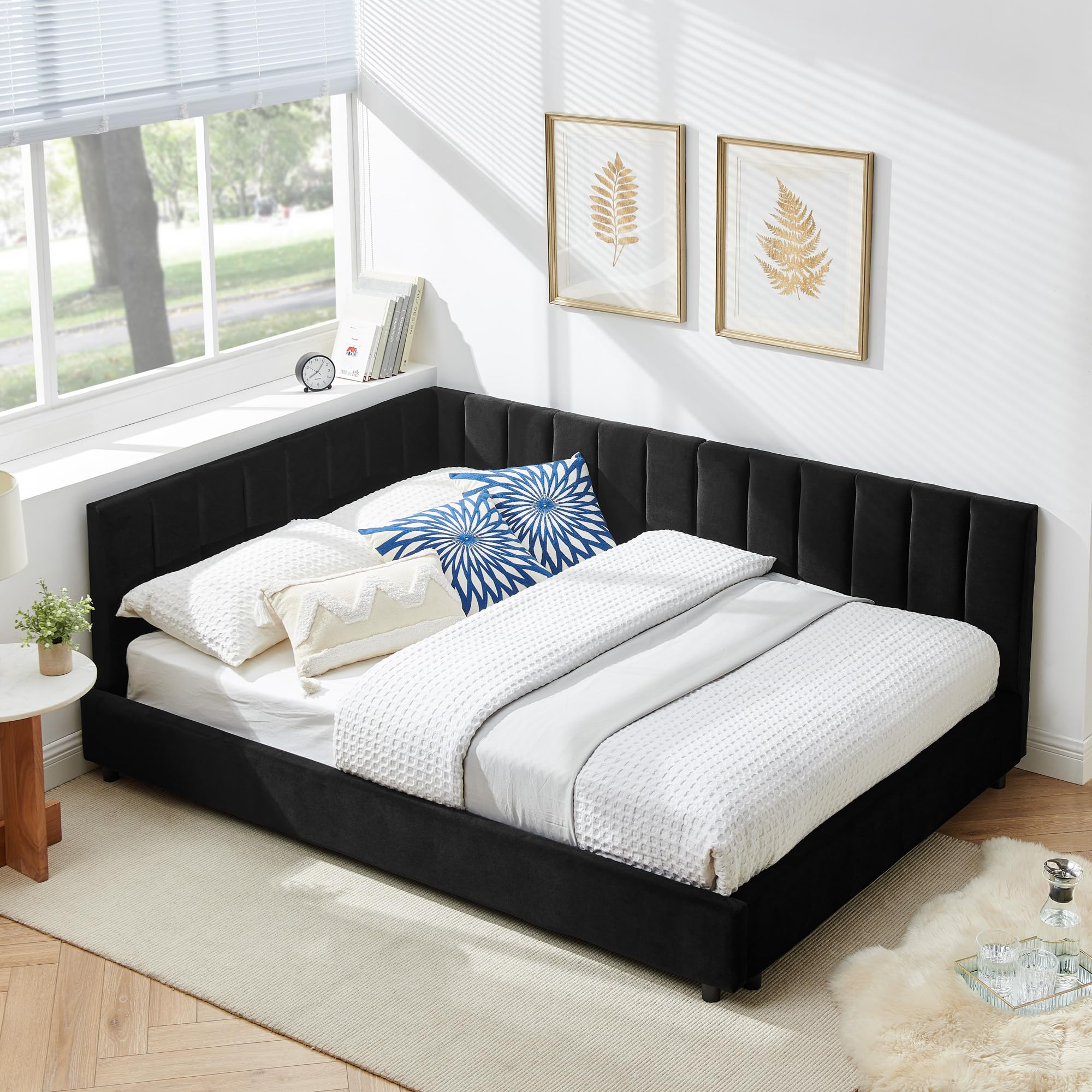 RuiSiSi Full Size Corner Bed Frame, Upholstered Daybed with L-Shaped Headboard, Velvet Tufted Daybed Frame for Living Room Bedroom Guest Room, No Box