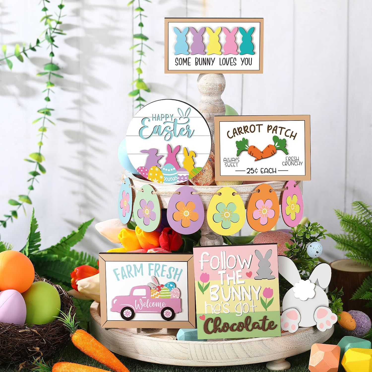 Amyhill 12 Pcs Easter Tiered Tray Decor Farmhouse Spring Tiered Tray Decorations Mini Bunny Rabbit Egg Carrot Wooden Signs Rustic Pastel Easter Decorations for Home Kitchen Dining Table Coffee Bar