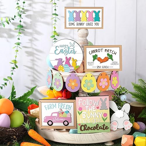 Amyhill 12 piezas de decoración de bandeja escalonada de Pascua, bandeja escalonada de granja, decoración de primavera, mini conejo, conejos,