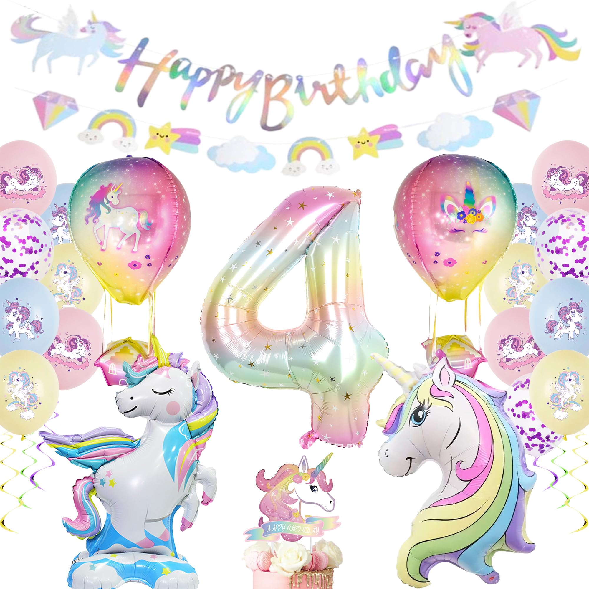 Unicorn 4th Birthday Decorations for Girls - Gradient Color 4th Party Decoration for Girls Happy Birthday Banner, Age 4 Girl Unicorn Theme Party Balloons Cake Topper Supplies