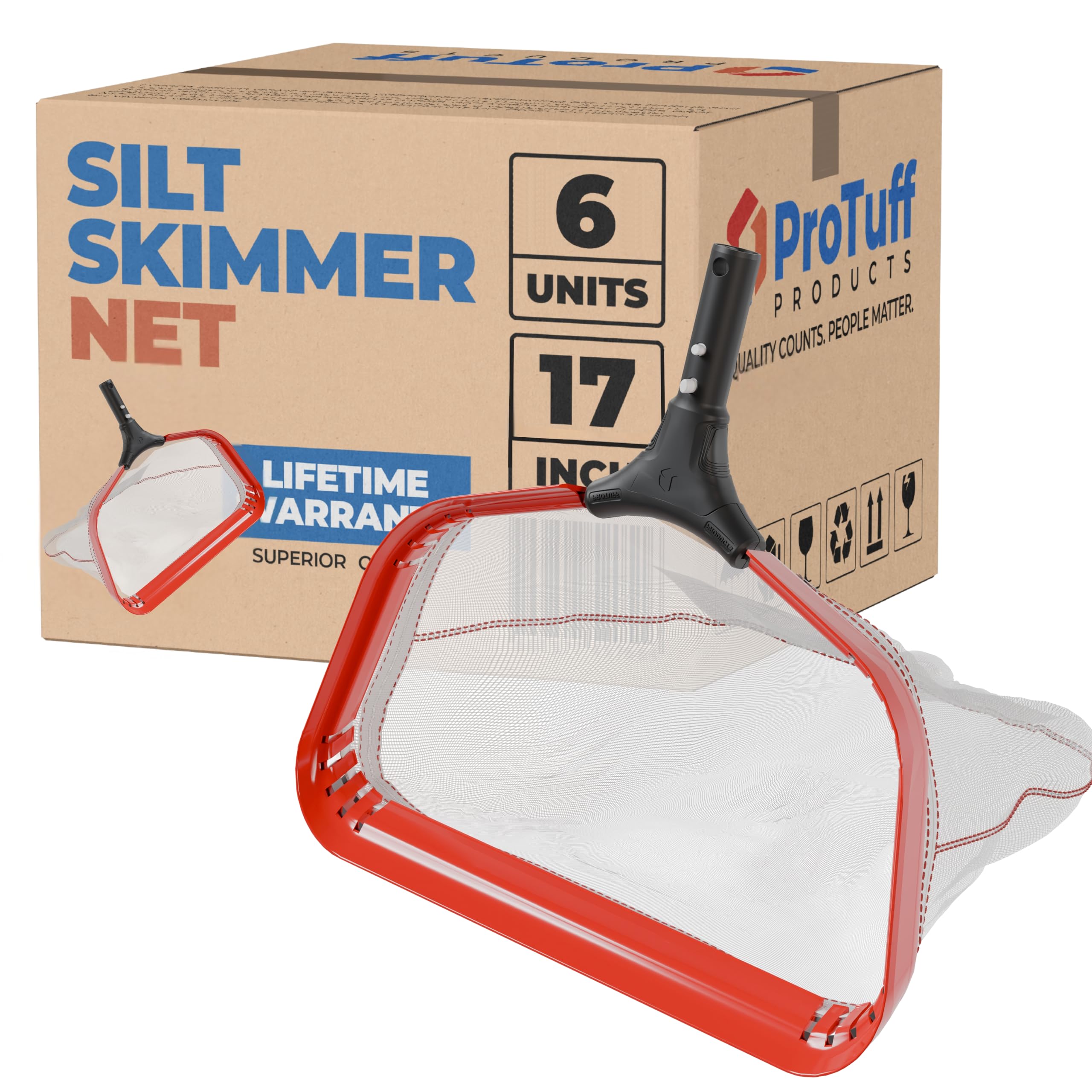 ProTuff 17” Silt Net Pool Skimmers for PROS – 6 Pack – “490 Promise” Unlimited, Unconditional Replacement -- Ultra-Durable Ultra-Fine Net for Silt – Heavy-Duty Aluminum Frame & EZ-Clip Pole Attachment