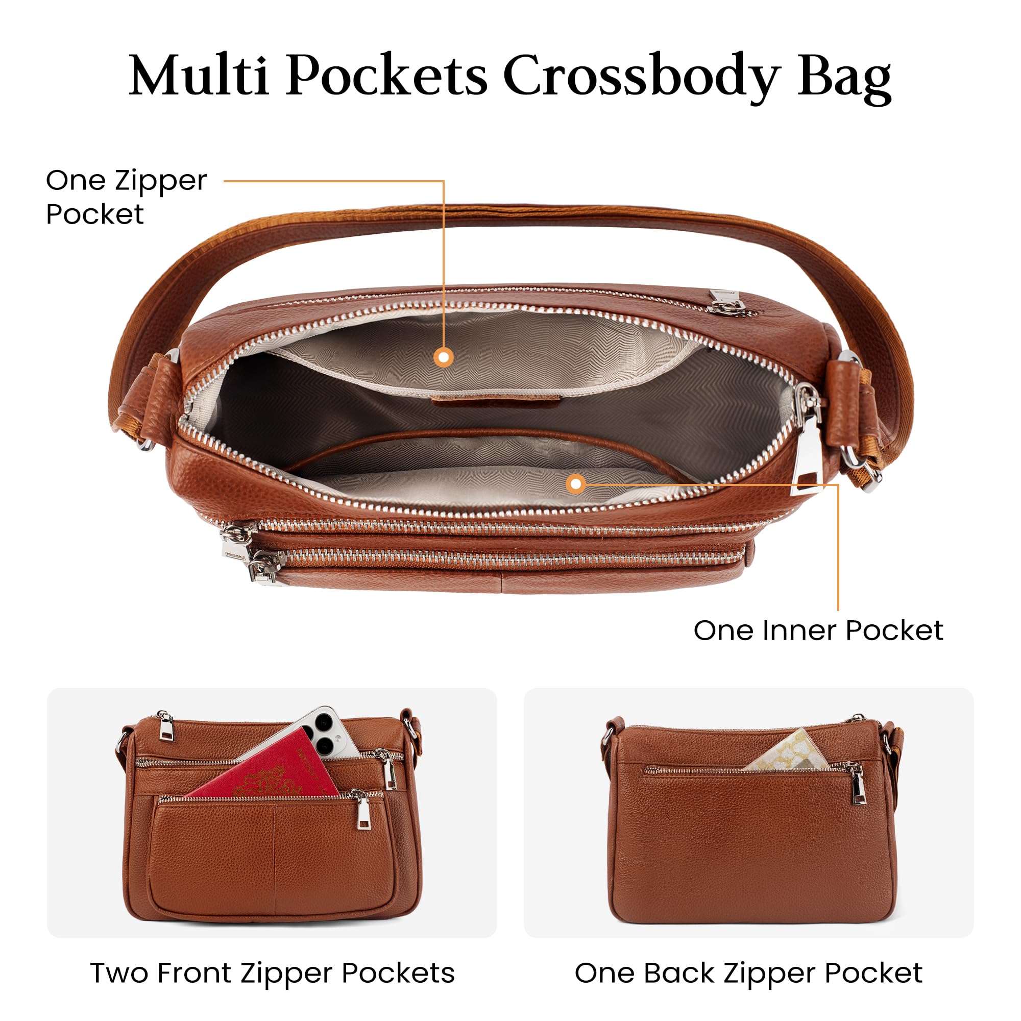 befen Borsa a tracolla in vera pelle da donna, con tasche con cerniera multipla