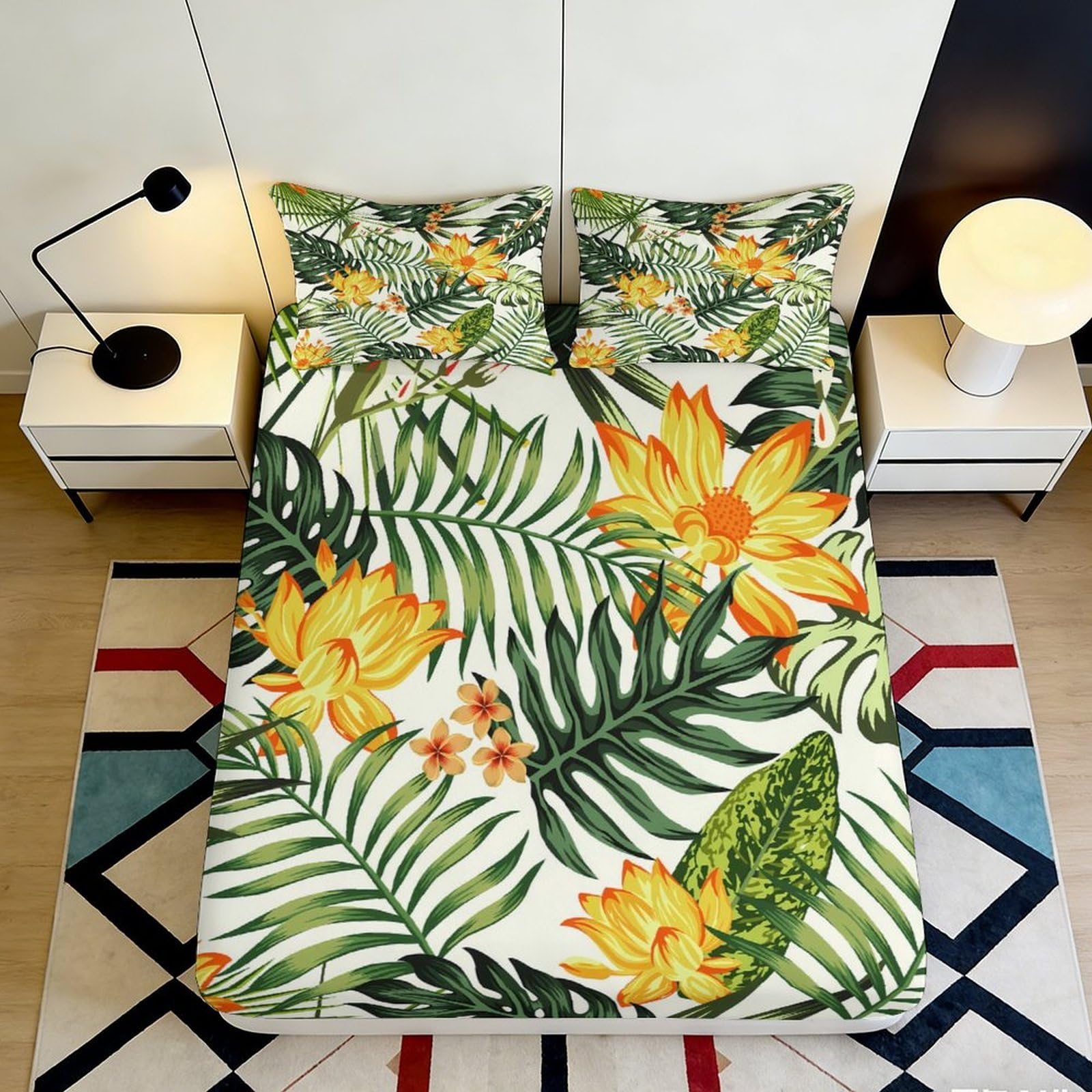 K1r3d9e5 Style-1 3D Printed Tropical Leaf Fitted Sheet Microfiber Soft Floral Mattress Cover For Bedroom Guest Room Decor Protection 90X200x25cm
