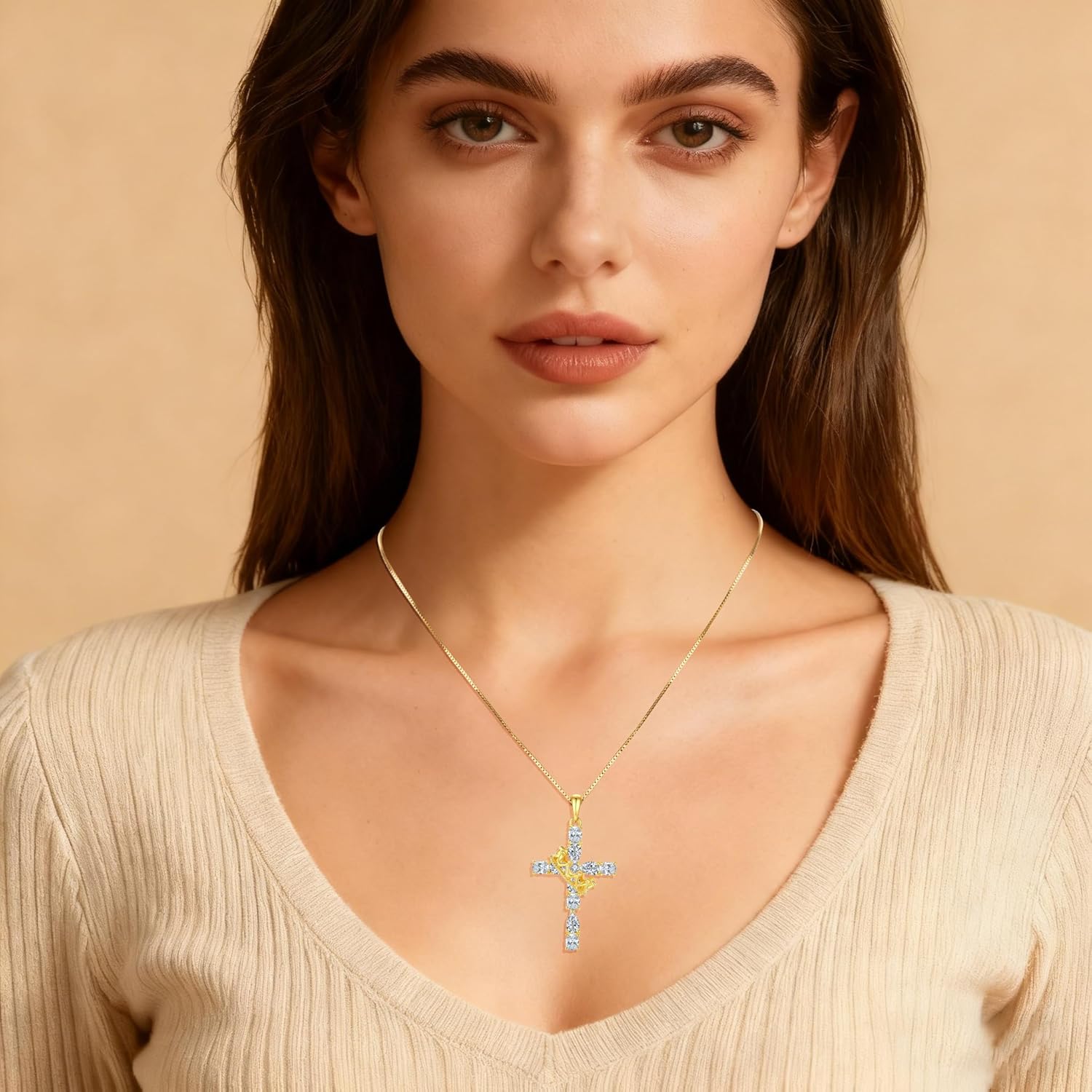 Cross with Crown Necklace for Women 925 Sterling Silver Oval and Pear Shaped Birthstone Cross Crown Necklace Religious Crucifix Pendant Jewelry - Image 5