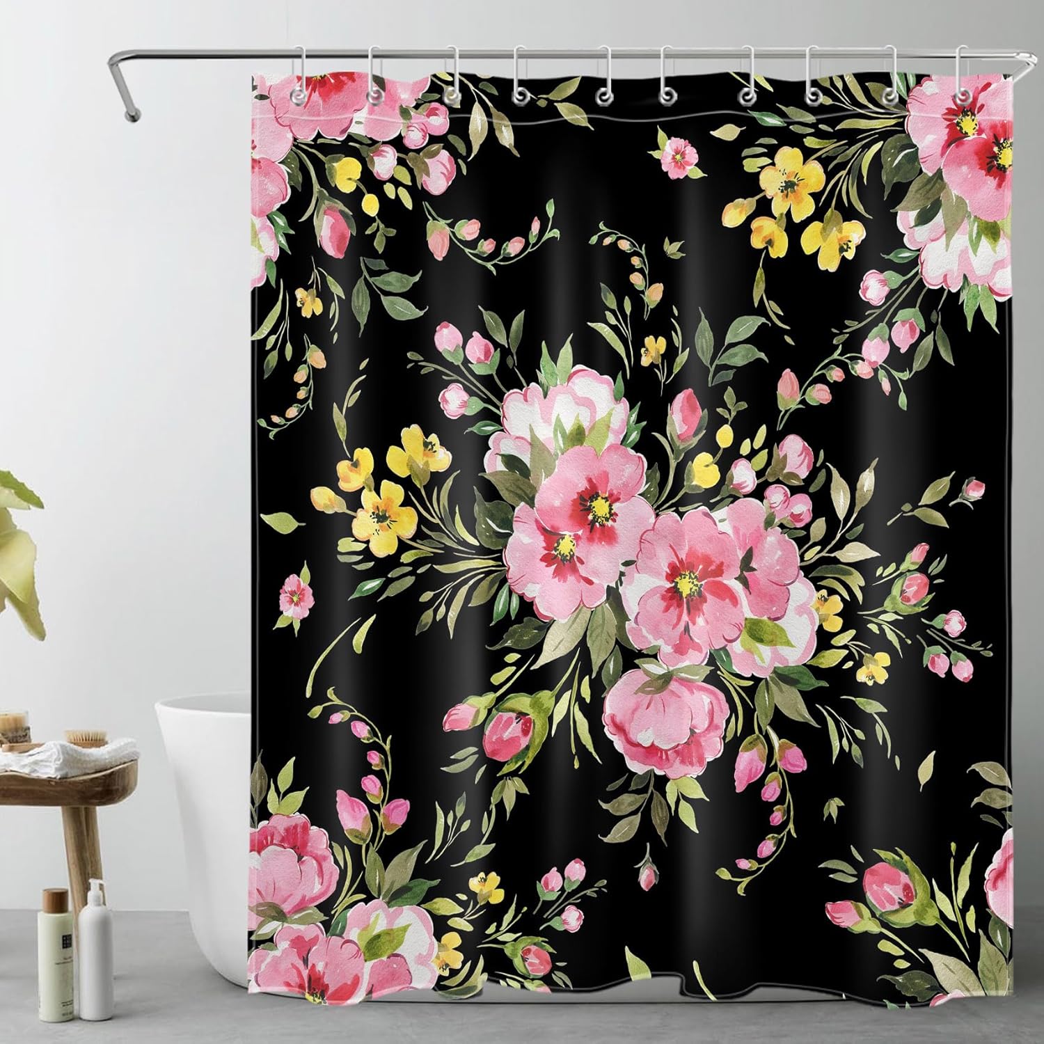 LB Farmhouse Flower Shower Curtain for Bathroom, Pink
