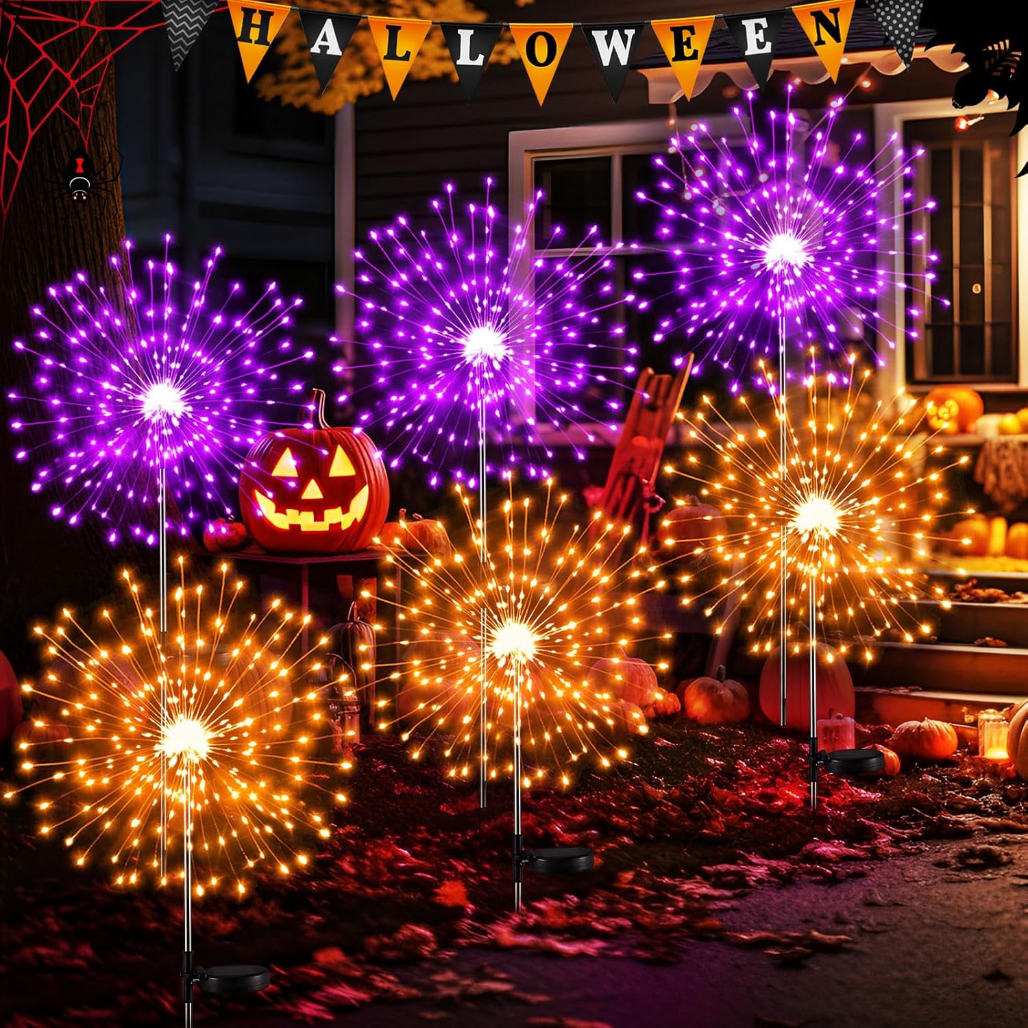 6 Pcs Halloween Solar Firework Lights Garden Lights 120 LED 8 Modes Purple/Orange