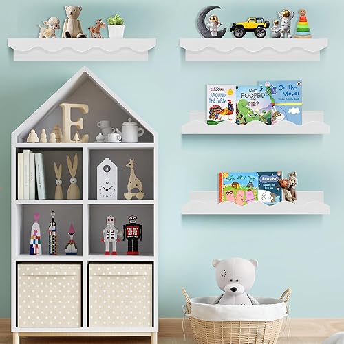Miniatura 2 de Juego de 4 estantes flotantes de madera blanca para libros de guardería, estantes de pared para dormitorio de niños y baño