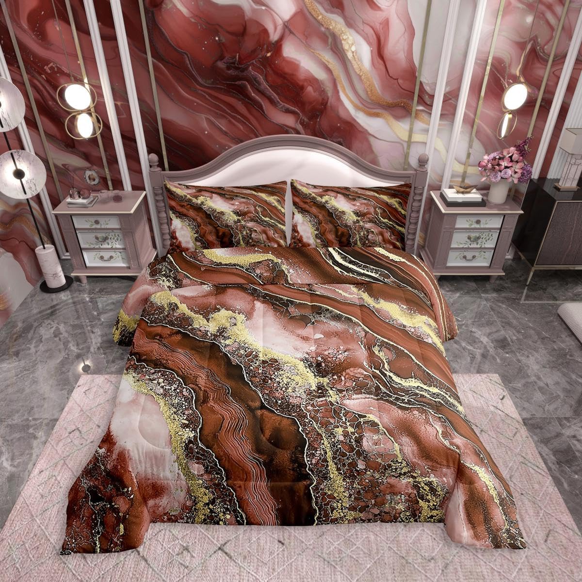 Erosebridal Marble Comforter Sets King Size for Kids Teens Adults,Watercolor Tie Dye Bedding Set,Fluid Ink Art Bed Set for All Season,Gradient Down Comforter,Reddish Brown