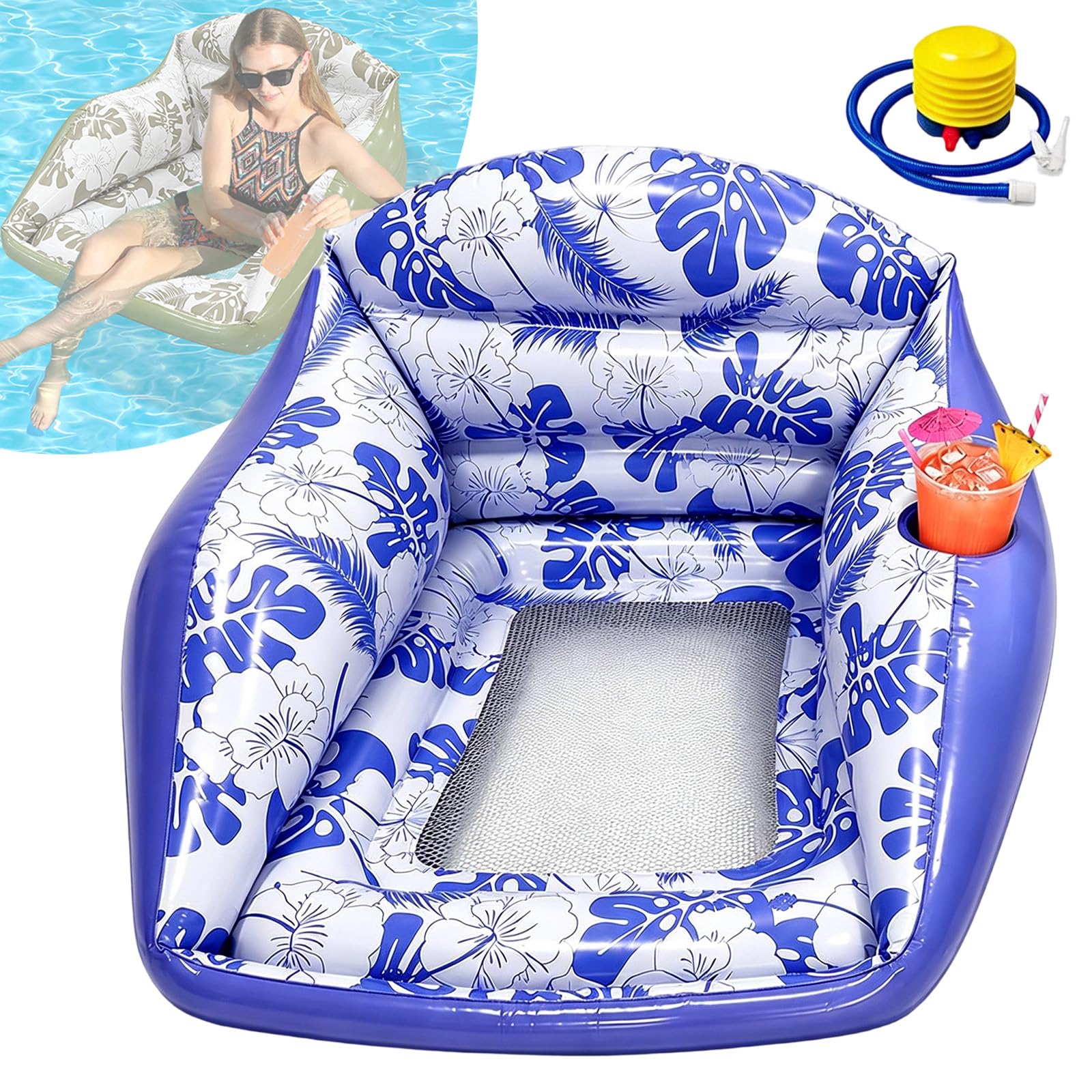 Aufblasbarer Pool-Loungesessel – Robuster Pool-Schwimmreifen mit Tropenmuster, Getränkehalter & Netzsitz, Komfortable Schwimmliege für Pool, See und Strand