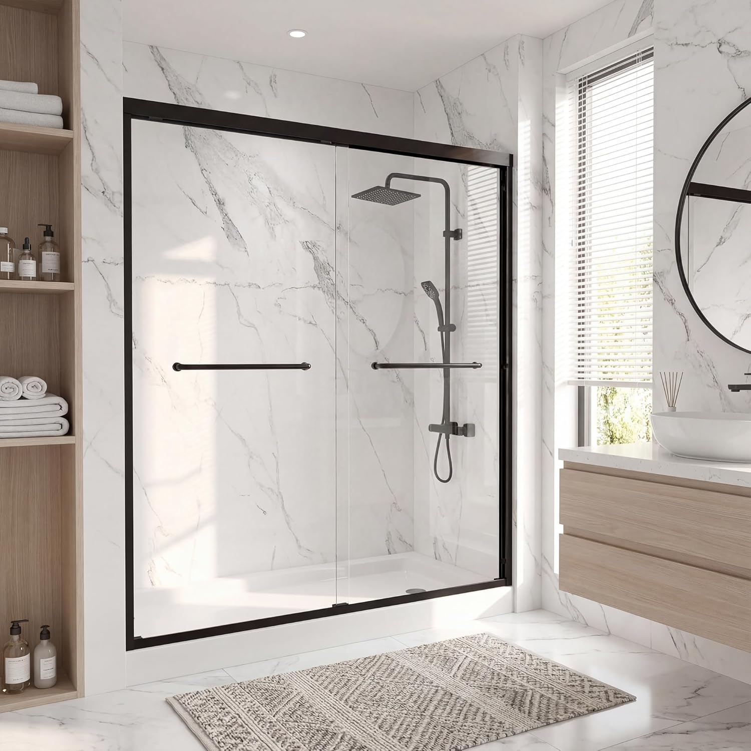56-60" W x 72" H Double Sliding Shower Door, 1/4" SGCC Clear Tempered Glass, 20% Thicker Top Frame, Easy-Clean Glass Shower Doors for Walk in Shower, Up to 3/8" Wall Adjustment, Matte Black