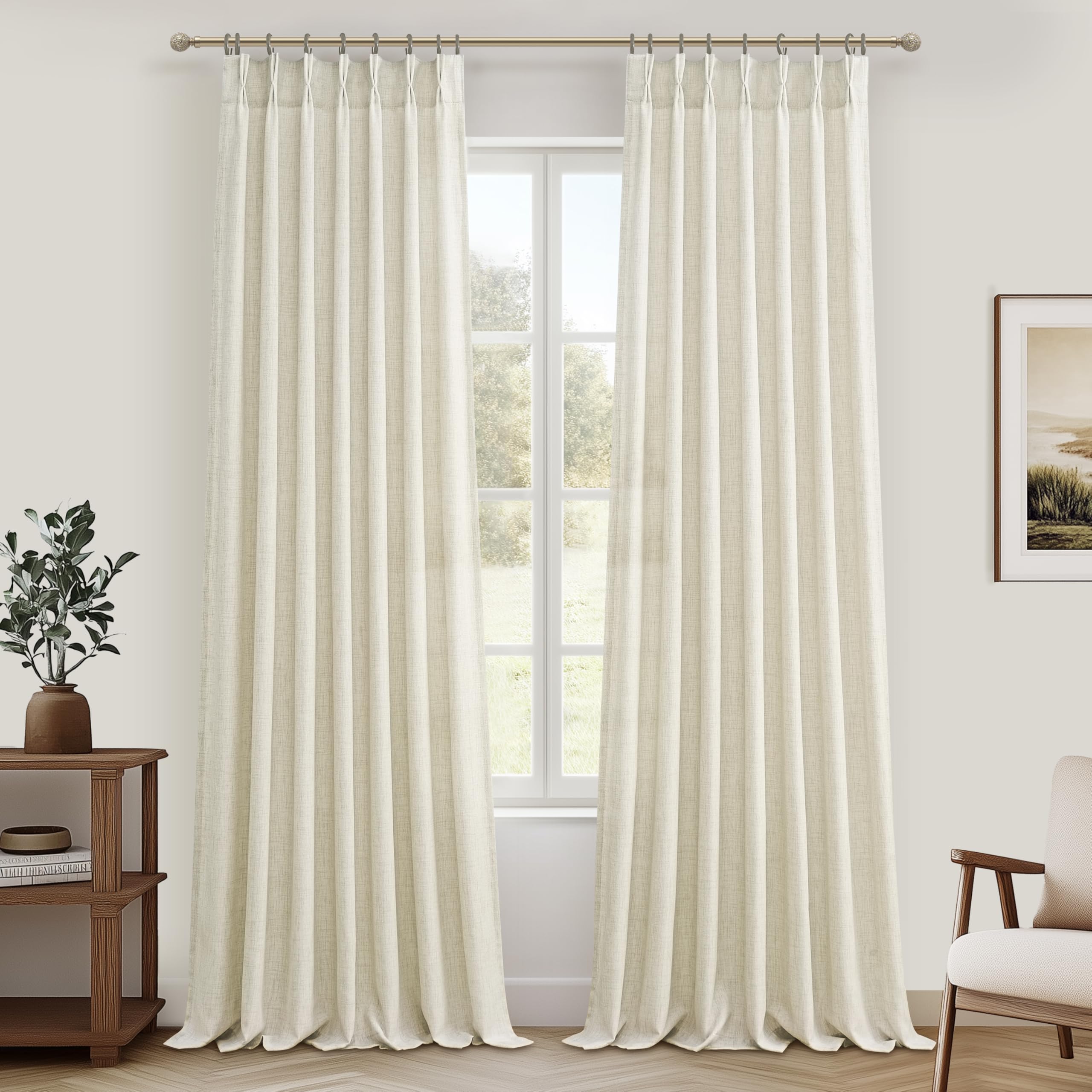 Photo 1 of Extra Wide 70 Inch Cream Light Filtering Curtains for Sliding Glass Door 90 Inches Long 2 Panels Set, Memory Trained Pinch Pleat Semi Sheer Privacy Thick Linen Textured Windows Drapes with Back Tab