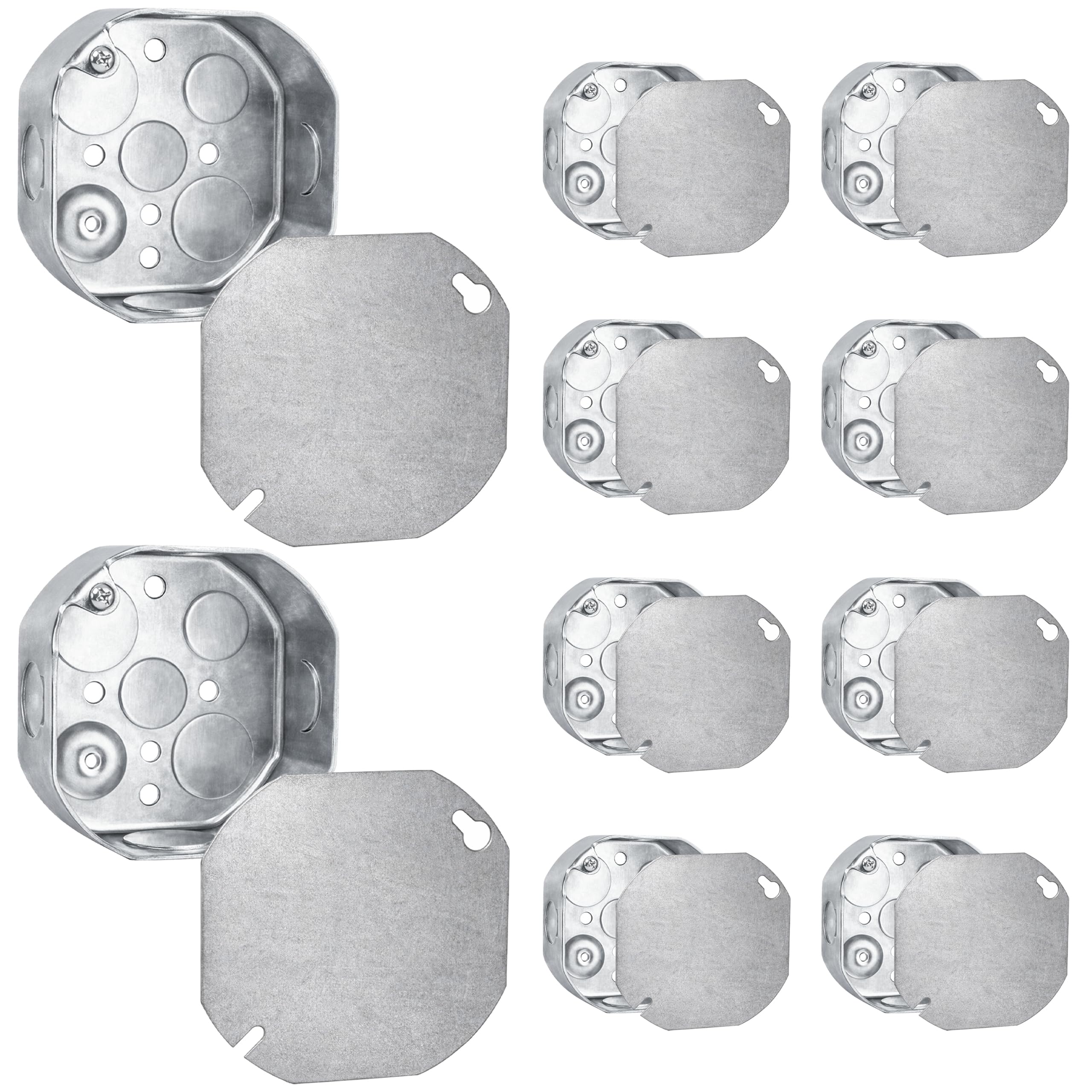 OHLECTRIC Scatola elettrica ottagonale in metallo da 10 cm con coperture vuote (confezione da 10) 3-1/2 pollici profonda, terra rialzata, kit scatola di giunzione in acciaio zincato, (4) 1/2" e (4) 3