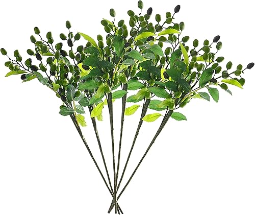 Paquete de 12 tallos de bayas artificiales de 15 pulgadas, púas de bayas de olivo para decoración del hogar, ramo de boda, árboles de Navidad (verde)