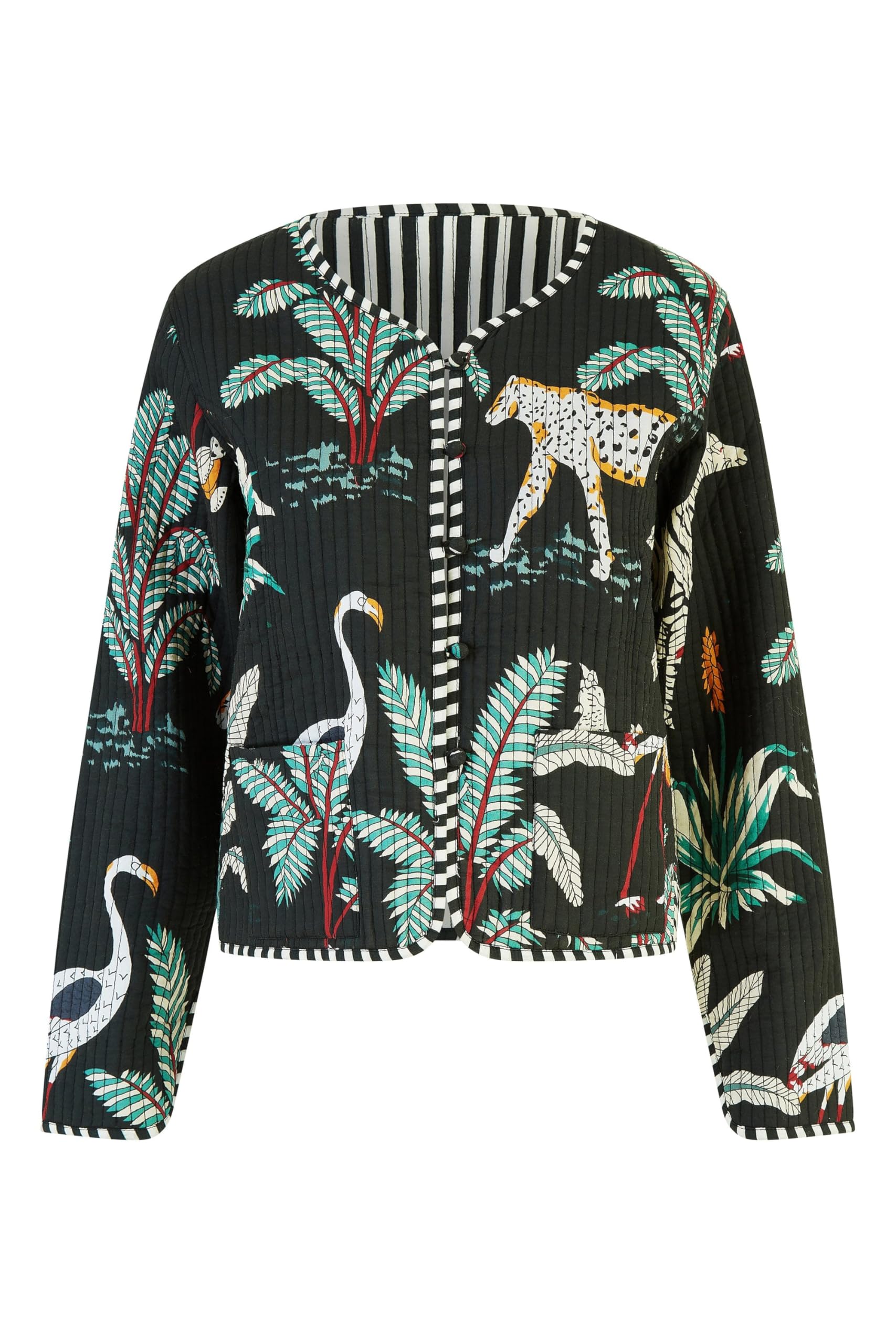 Yumi Black Animal Print Reversible Cotton Cropped Quilted Jacket 10