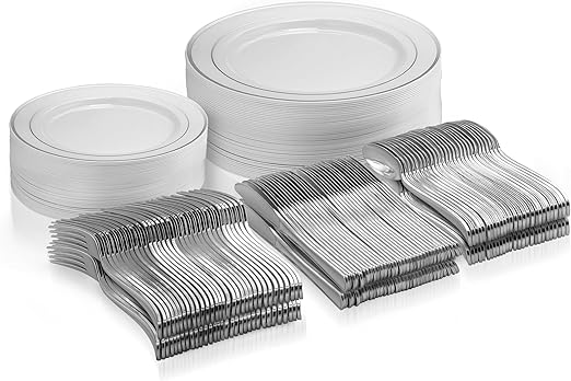 125 Piece Silver Dinnerware Party Set - 50 Silver Rim Plastic Plates, 25 Dinner 25 Dessert Plates, 25 Knives, 25 Forks, 25 Spoons - 25 Guest Disposable Set for Wedding Birthday Parties