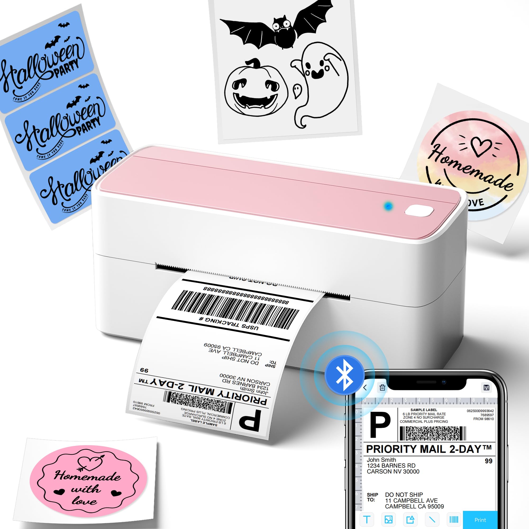Phomemo Bluetooth Thermal Label Printer, 241BT 4X6 Wireless Shipping Label Maker for Small Business, Pink Label Printer for Shipping Packages, Compatible with iPhone, Android, Amazon, Shopify, UPSP