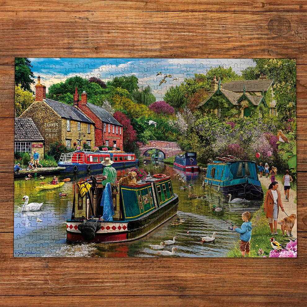 Gibsons River Retreat 500 Piece Jigsaw Puzzle Beautiful Colourful Artwork Canal Boats Nostalgic Sustainable Jigsaw Puzzle for Adults Teens Premium 100% Recycled Board Great Gift - Image 2