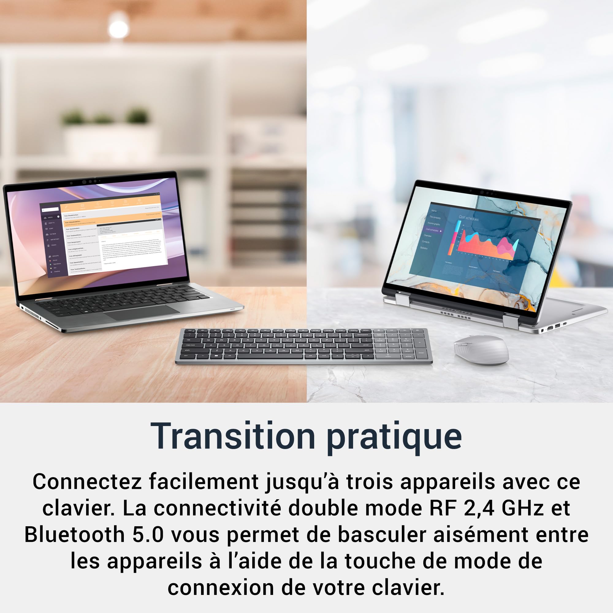Clavier Compact Dell Pro Plus KB740 – sans Fil, AZERTY Français, Bluetooth 5.0 + 2,4 GHz, Compact, Touches Ciseaux, 36 Mois d’Autonomie, Clavier Silencieux, Gris Titan