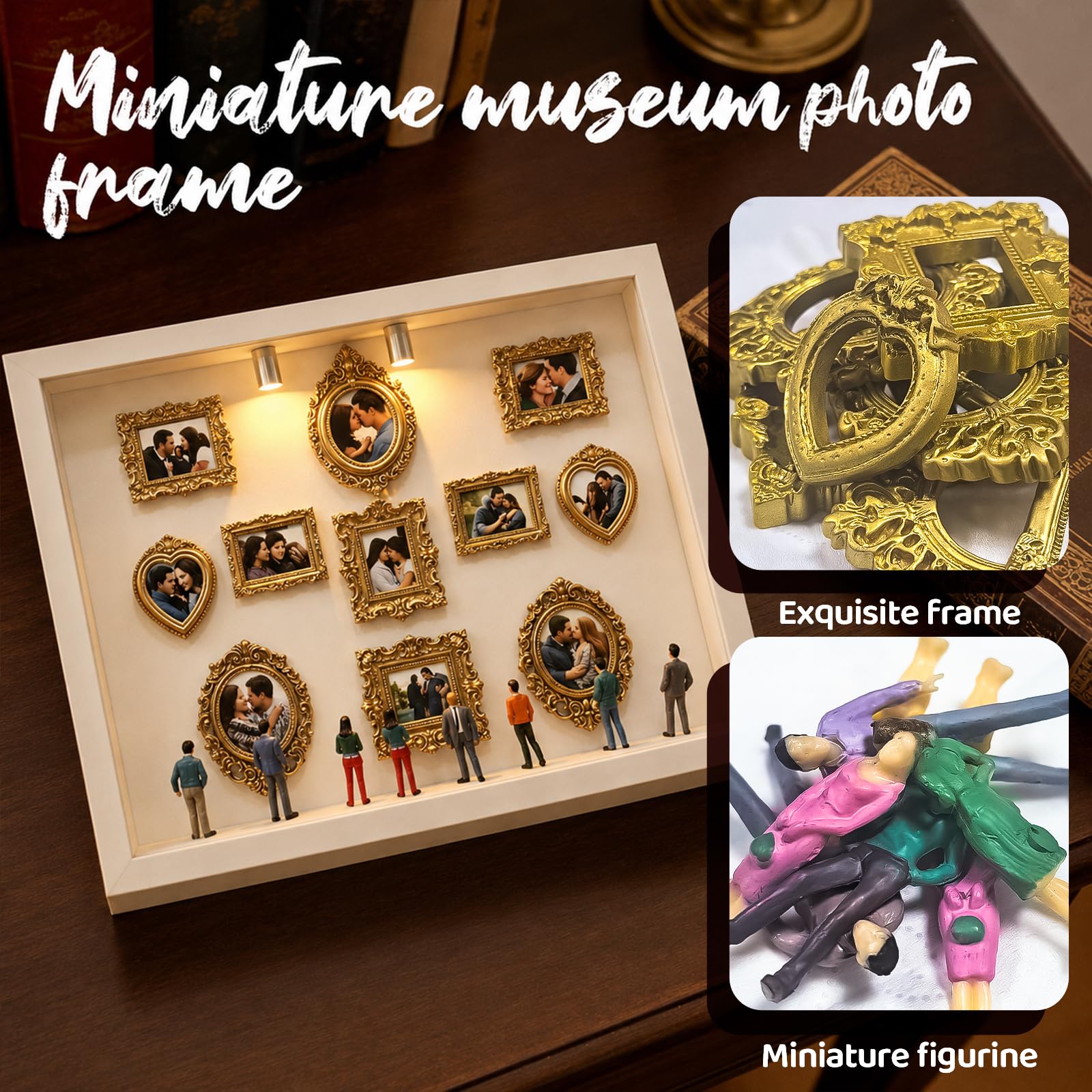 DIY Mini Museum, Micro Museo con 11 Mini Cornici Museo Dorate | Scatola Portaoggetti con Figure in Miniatura, Regalo per San Valentino, Matrimonio e Anniversario