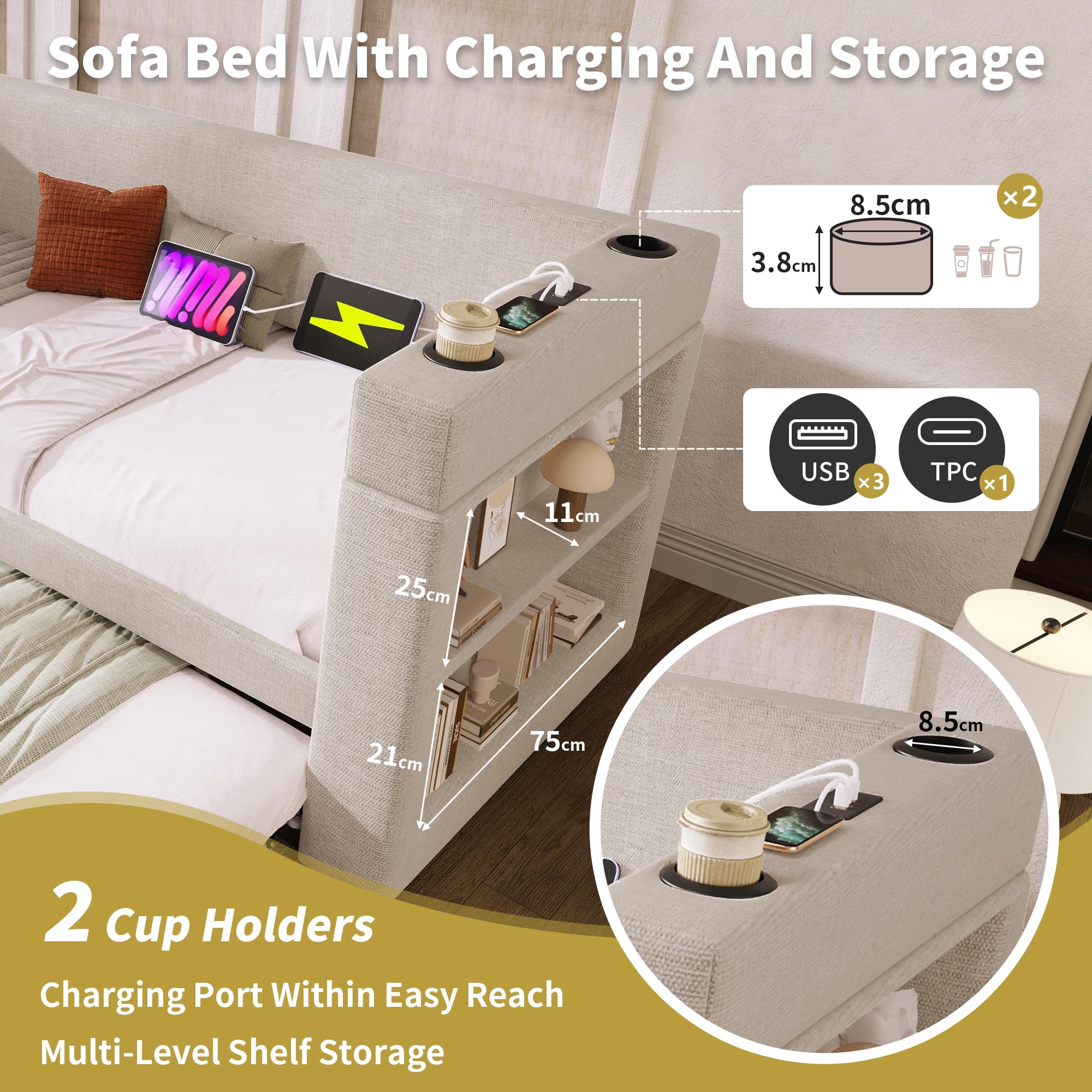 DHHU Lit Gigogne avec Canapé Lit Convertible, Lit De Jour Rembourré 90x190 Cm avec Lit D'Appoint Et Rangement, USB Type-C, Porte-Gobelets, Banquette Lit Gain De Place sans Matelas Beige-1