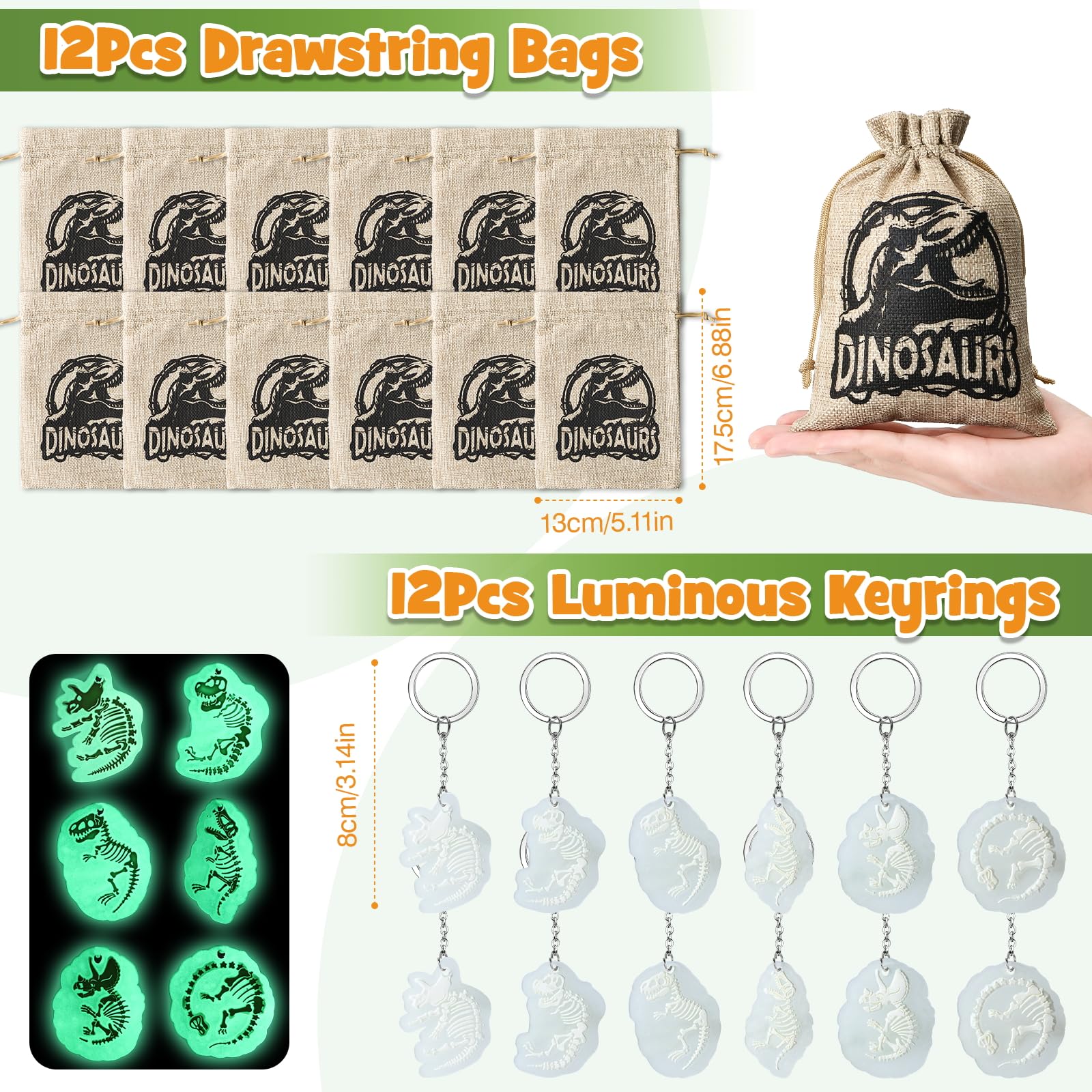 SNLN Dinosaurier-Partygeschenke für Kindergeburtstag, Lupe, leuchtender Schlüsselanhänger, Dino-Ei, Aufkleber, Dinosaurier-Partyzubehör mit Skelett-Spielzeug, Silikon-Armband und Geschenktüte