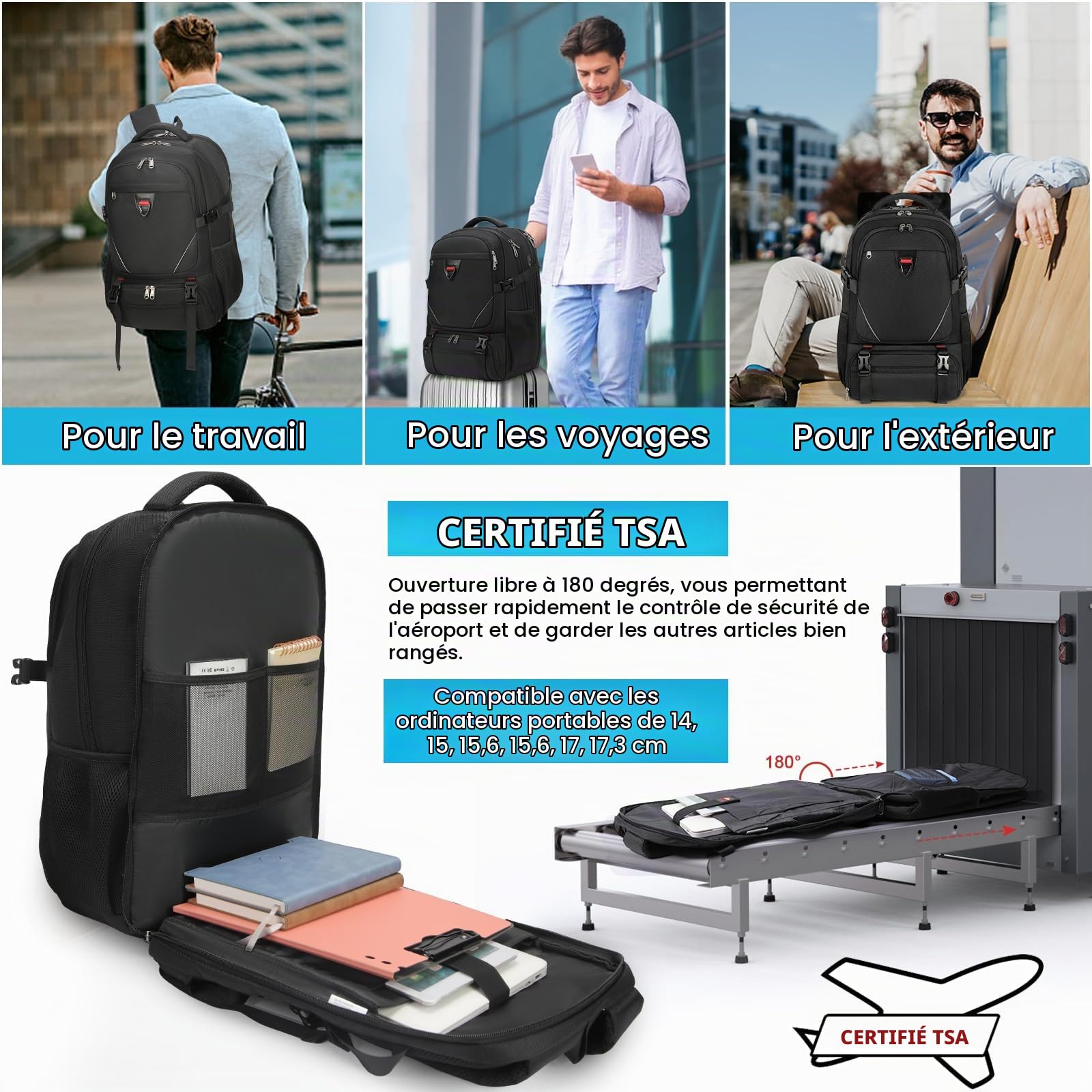 RAINSMORE Sac à Dos Ordinateur Portable 17.3 Pouces Grand Sac à Dos Isotherme Sac a Dos College Université Lycée Voyage pour Homme Femme