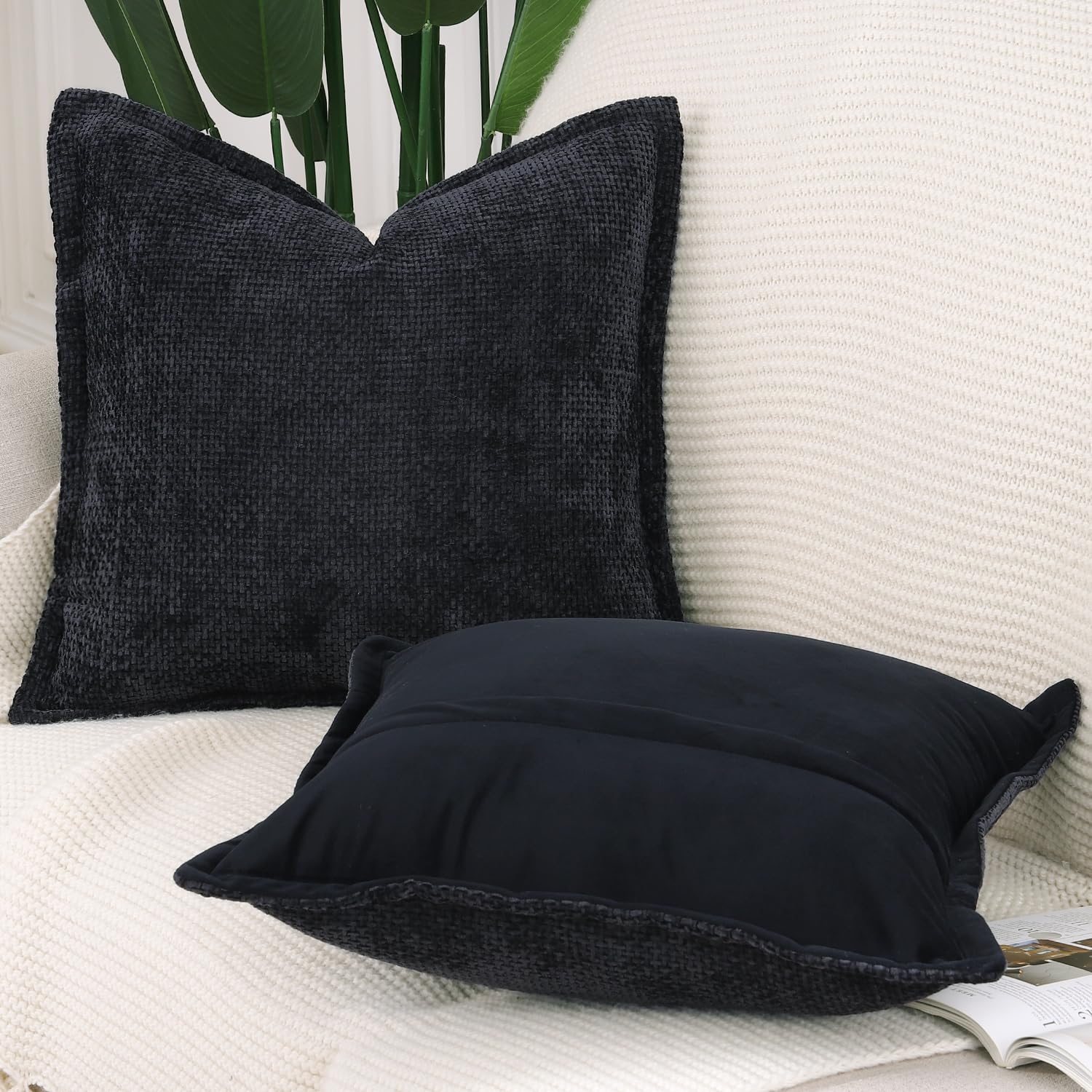Madizz Set of 2 Chenille Velvet Cushion Covers with Flange Soft Boho Textured Throw Pillow Covers Broadside Pillowcases Modern Farmhouse Home Decor for Sofa Bedroom Black 16x16 inch - Image 2