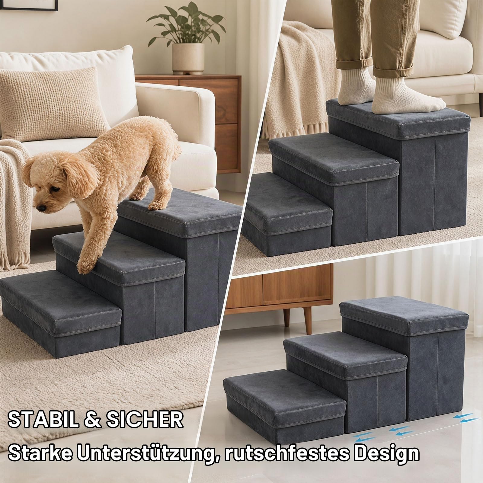 Hundetreppe mit Stauraum 3 Stufen Faltbar 75x40x30cm - Rutschfeste Haustiertreppe für Bett und Sofa - Extra Breite Hunderampe für Kleine und Große Hunde Katzen - Stabile Dog Stairs Dunkelgrau (Grau-3)