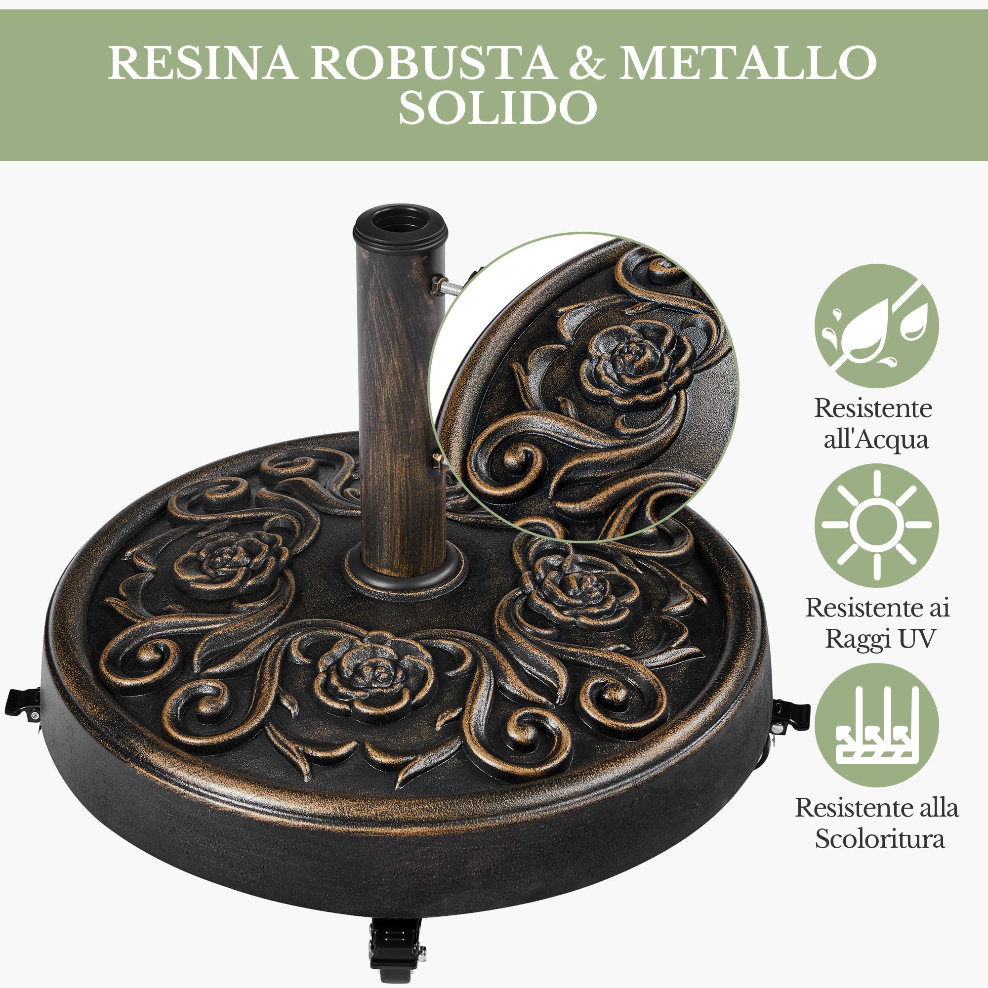 Yaheetech Base per Ombrellone da Giardino con Ruote Base Autoportante Rotonda in Stile Rustico Vintage con Motivo a Rose per Esterno Spiaggia Terrazzo (Bronzo)