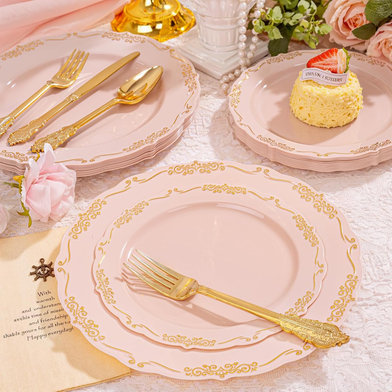 DaYammi 150Pcs Pink Plastic Plates with Gold Rimmed & Gold Silverware,Pink Disposable Plates for Party Include 30 Dinner Plate,30 Dessert Plate,30 Knives,30 Forks,30 Spoons for Mother's Day Party - Image 4