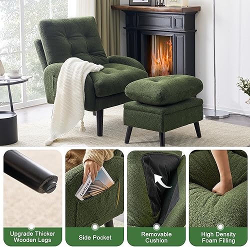 Miniatura 23 de Silla decorativa con respaldo ajustable otomano, silla de sala de estar tapizada con juego de reposapiés, silla moderna, acogedora silla reclinable