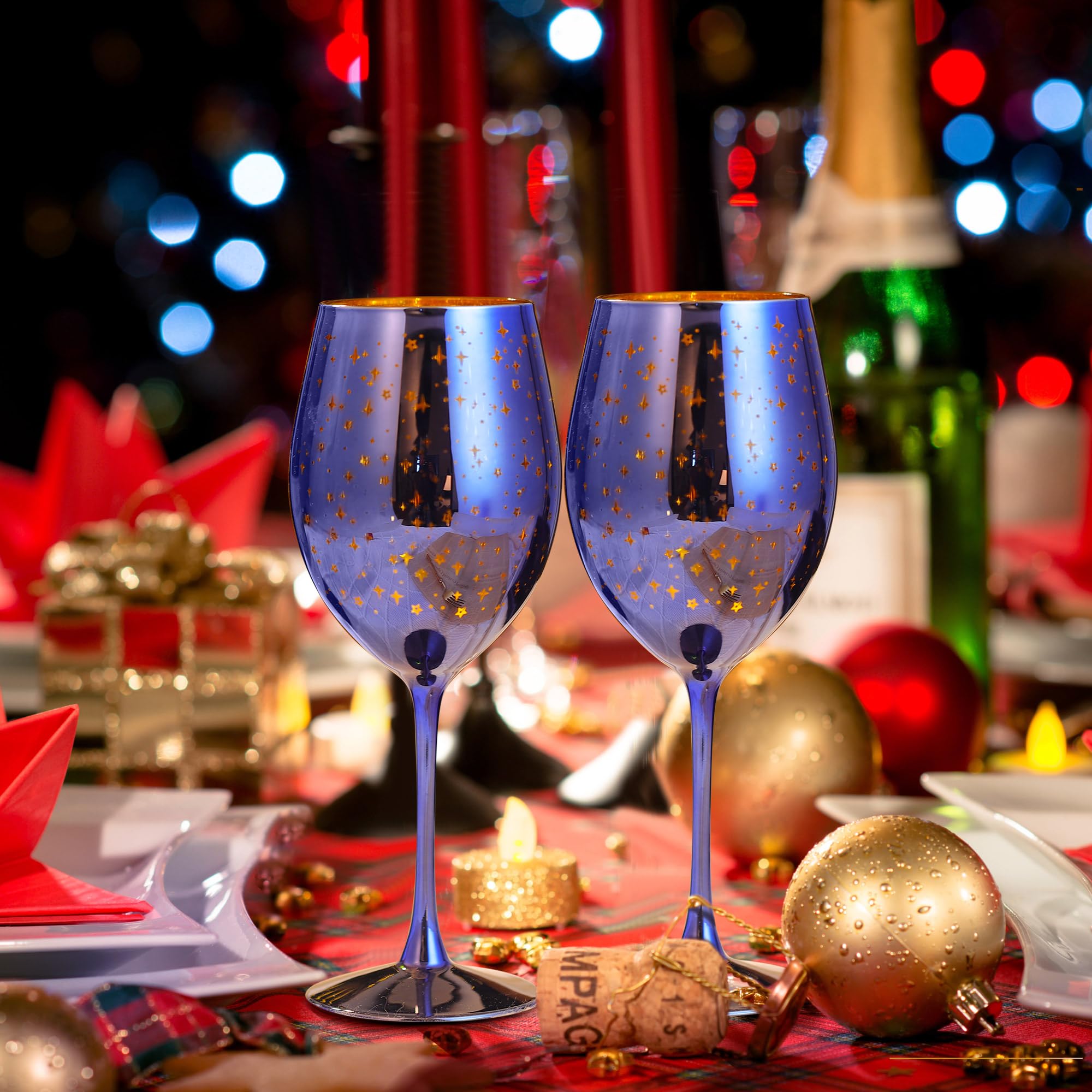 Joeyan 580ml Lot de 2 Verre a Vin Cristal Bleu de Noël Design étoiles Dorée