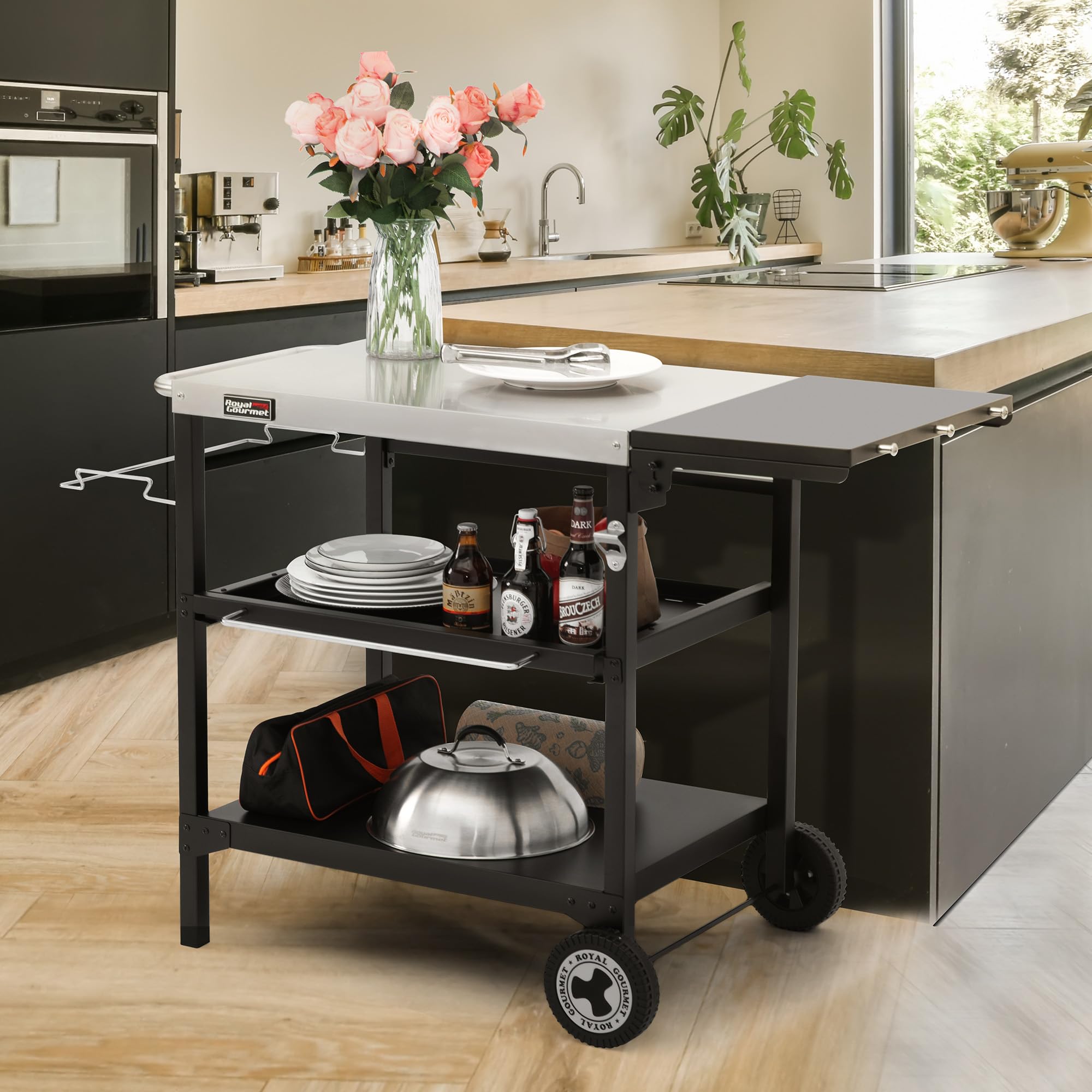 Royal Gourmet Outdoor Grilltisch, 3-Etagen Servierwagen mit 70 x 50 cm Edelstahl Tischplatte und 30 x 50 cm klappbarer Seitenablage, Beistelltisch Grillablagetisch Garten Trolley mit Push-Pull Regal