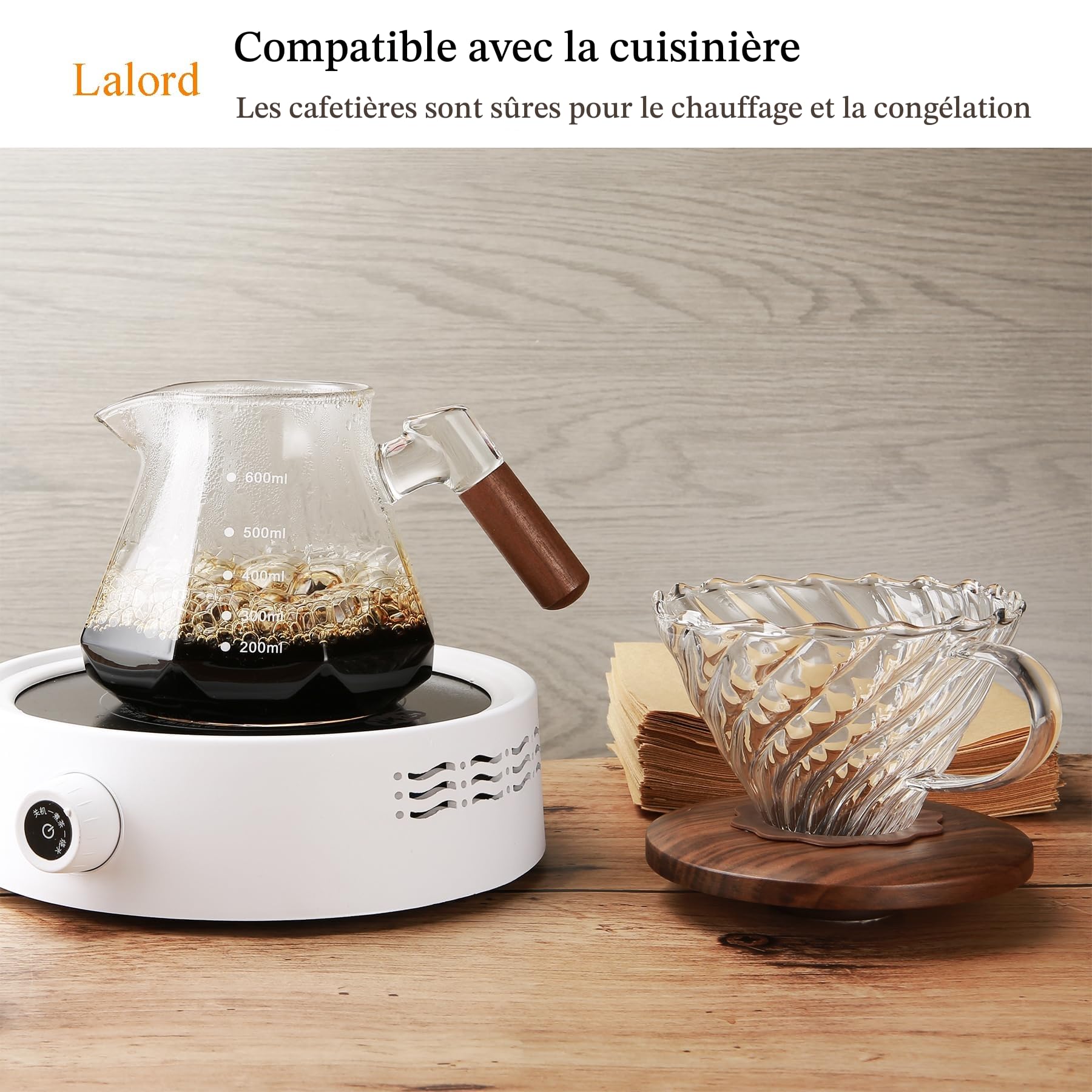 Lalord Verser Over Cafetière en Verre Borosilicate de 600 ml avec 100 Papier Filtres, Col en Noyer et Couvercle en Verre, Cafetière Goutte à Goutte, 1 à 3 Tasses, Transparent