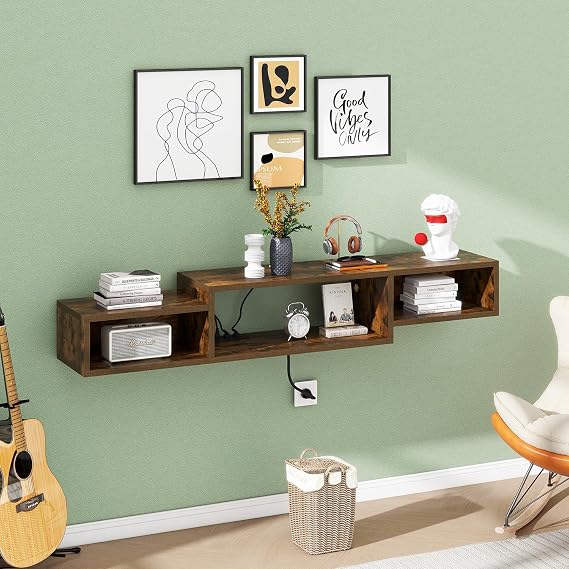 IBUYKE 59 Floating TV Stand Wall Mounted with Power Outlet,Wood Wall Mounted Media Console Shelf,Floating Entertainment Center for Under TV Storage for Living Room Bedroom Office,Rustic Brown WST007H
