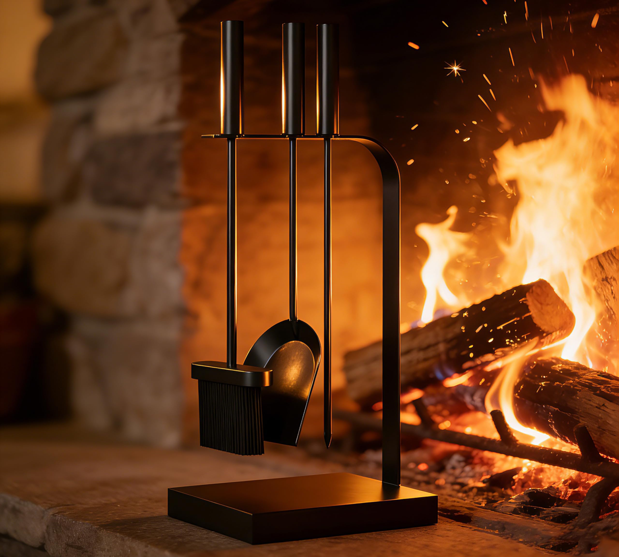 Kingson – Set di accessori per caminetto, 4 pezzi, nero, per bruciatori a legna, include attizzatoio, spazzola e pala