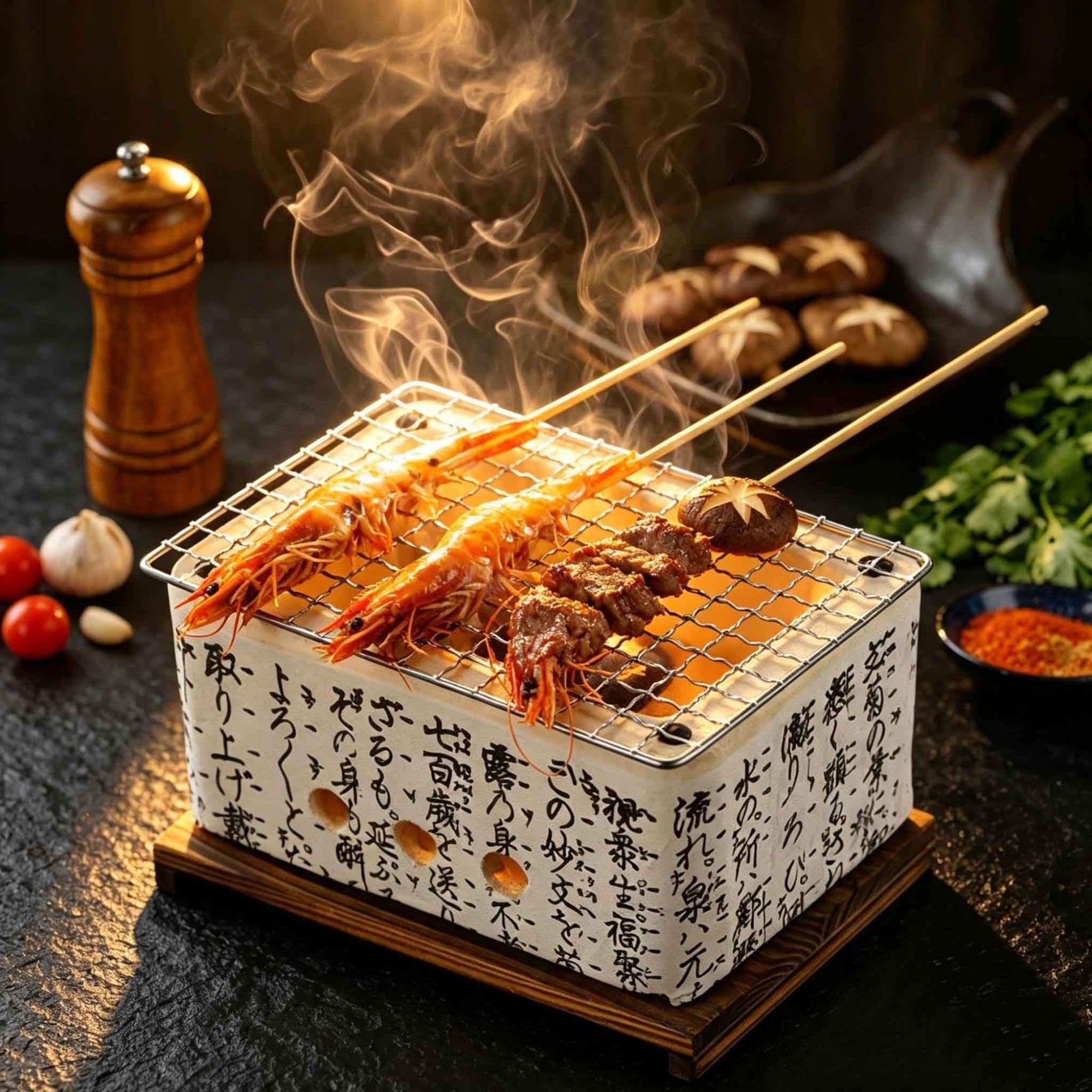 Griglia for barbecue in stile giapponese, griglia portatile, | Con griglia in rete e base for campeggio, cucina all'aperto, patio, giardino(19.7*13.9*9.8cm)