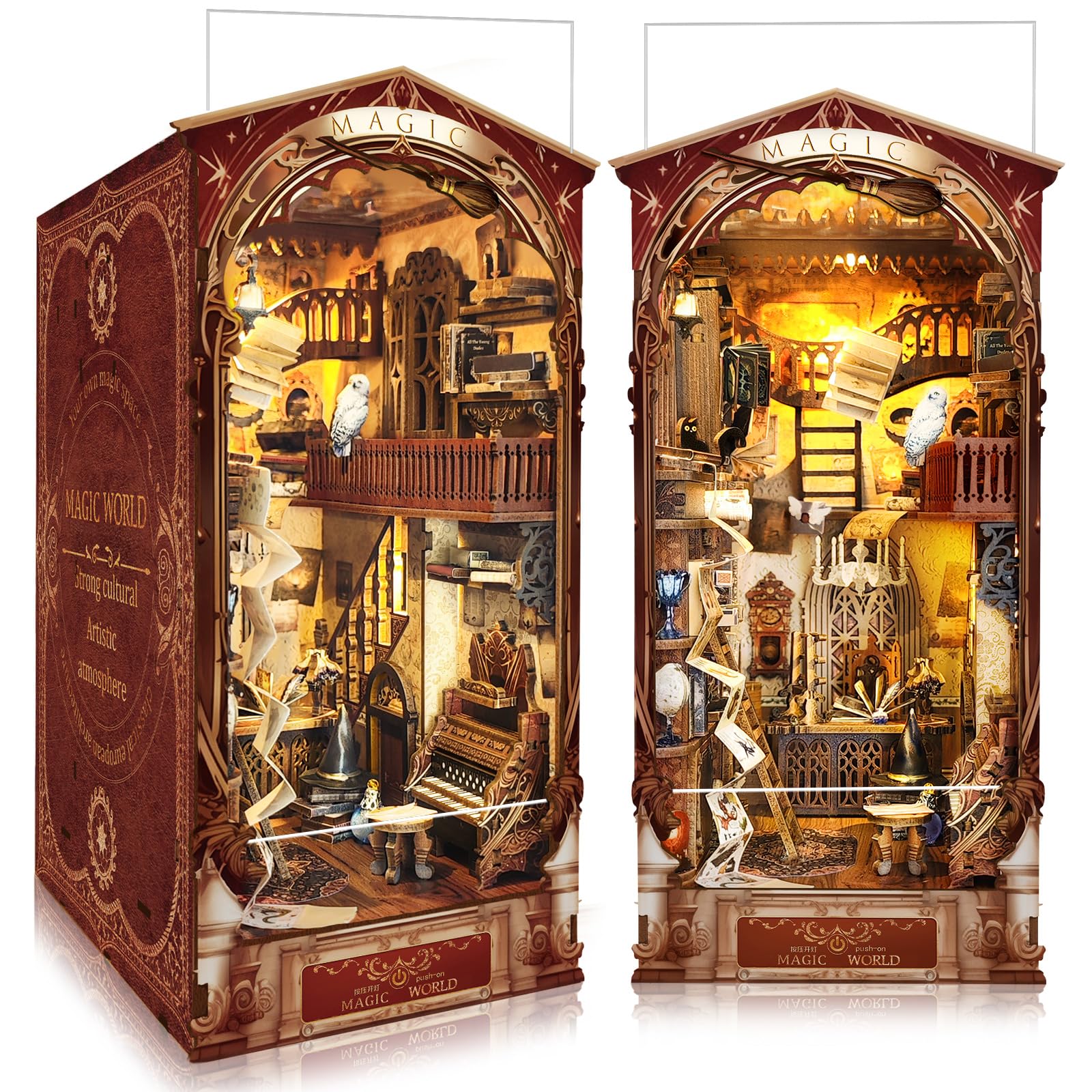 BELEEV Book Nook Kit, DIY Miniature Booknook Kit, 3D Wooden Garden Puzzle for Adult and Teens, Bookshelf Decoration Building Craft with LED Light and Dust Cover, Gifts for Women - Magic World โ image 1