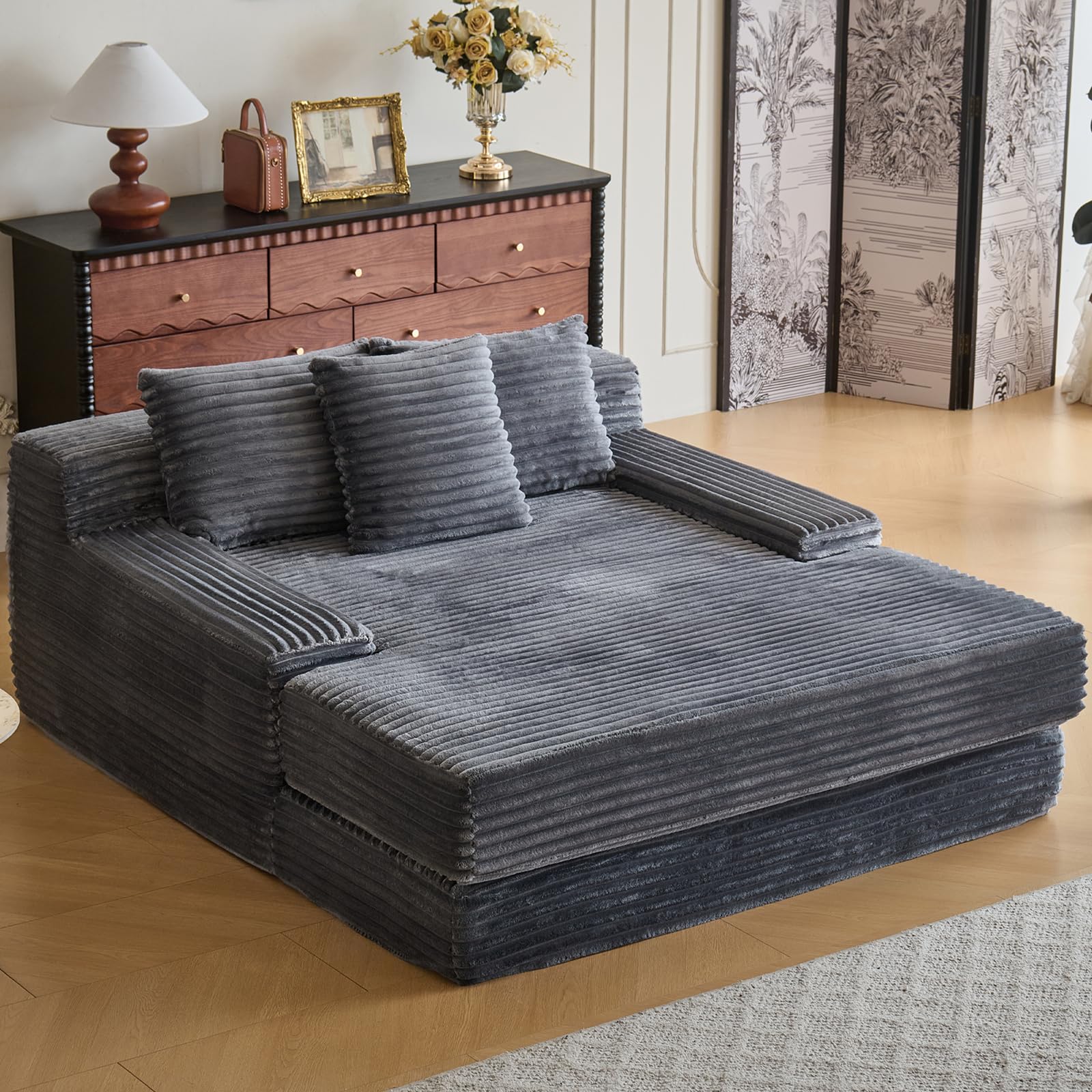 Veloflow 67'' Chaise Lounge Chair Indoor, Oversized Upholstered Sofa Bed, Modern Deep Seat Sofa, Comfy Corduroy Sleeper Couch for Livingroom,Bedroom,