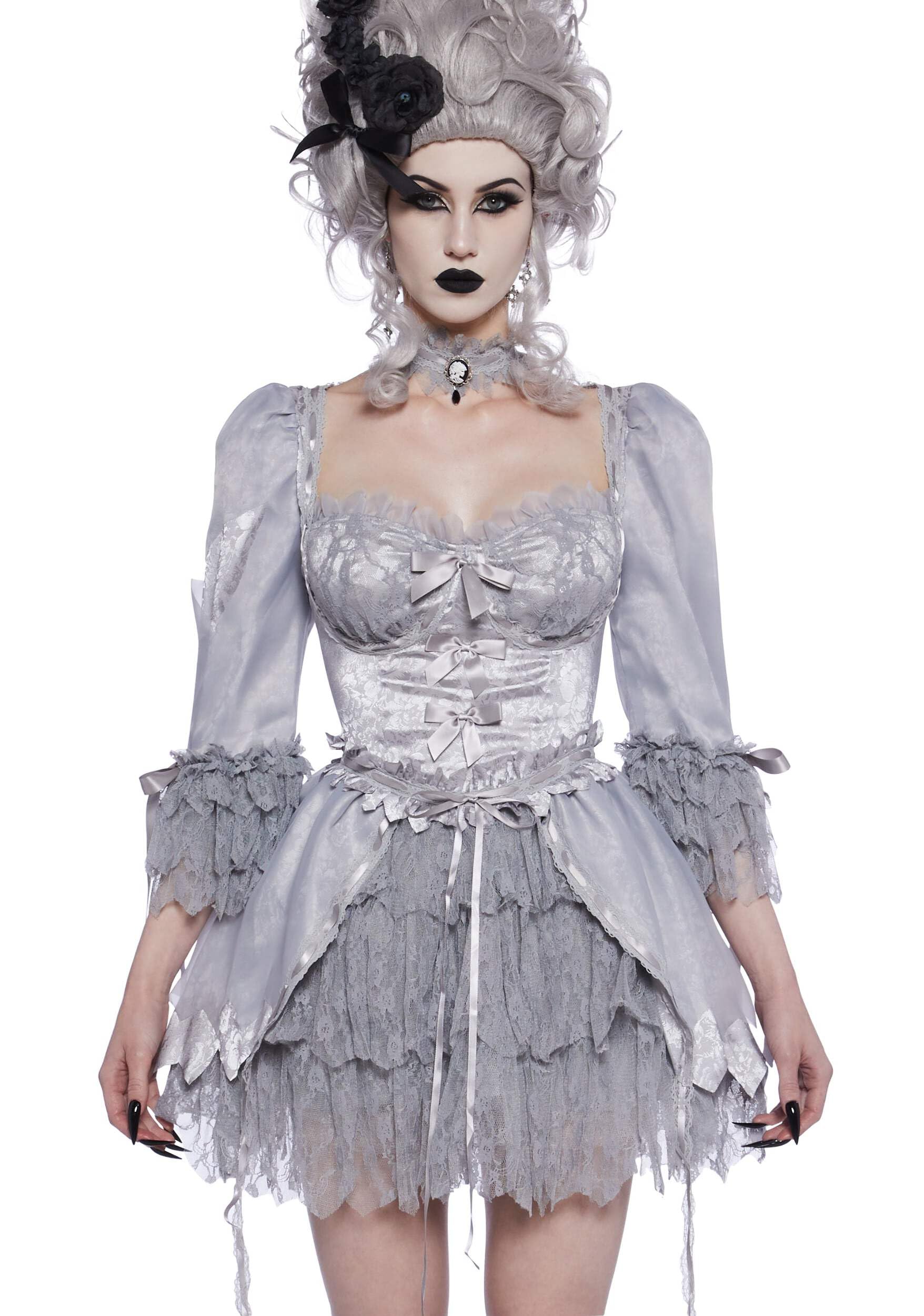 Dolls Kill Cake Queen Premium Costume Set – Ghost by Trickz N' Treatz – Dress, Wig, Choker, and Gothic Details, Gray, XX-Large