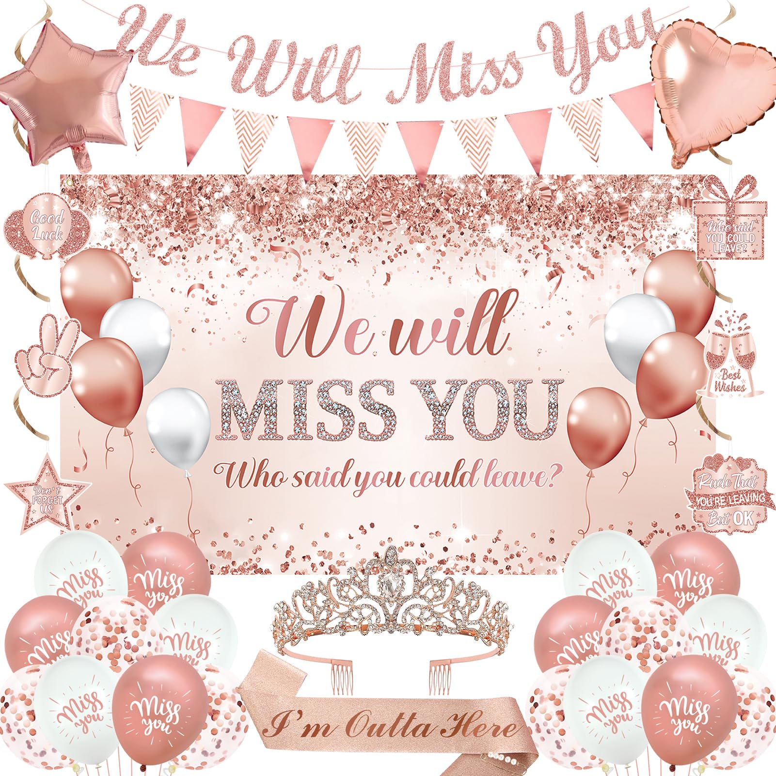 Trgowaul Rose Gold Farewell Party Decorations for Women, We Will Miss You Banner, I’m Outta Here Sash&Crown, Hanging Swirl Flag, Balloons, Going Away Retired Decorations, Coworker leaving Party Decor